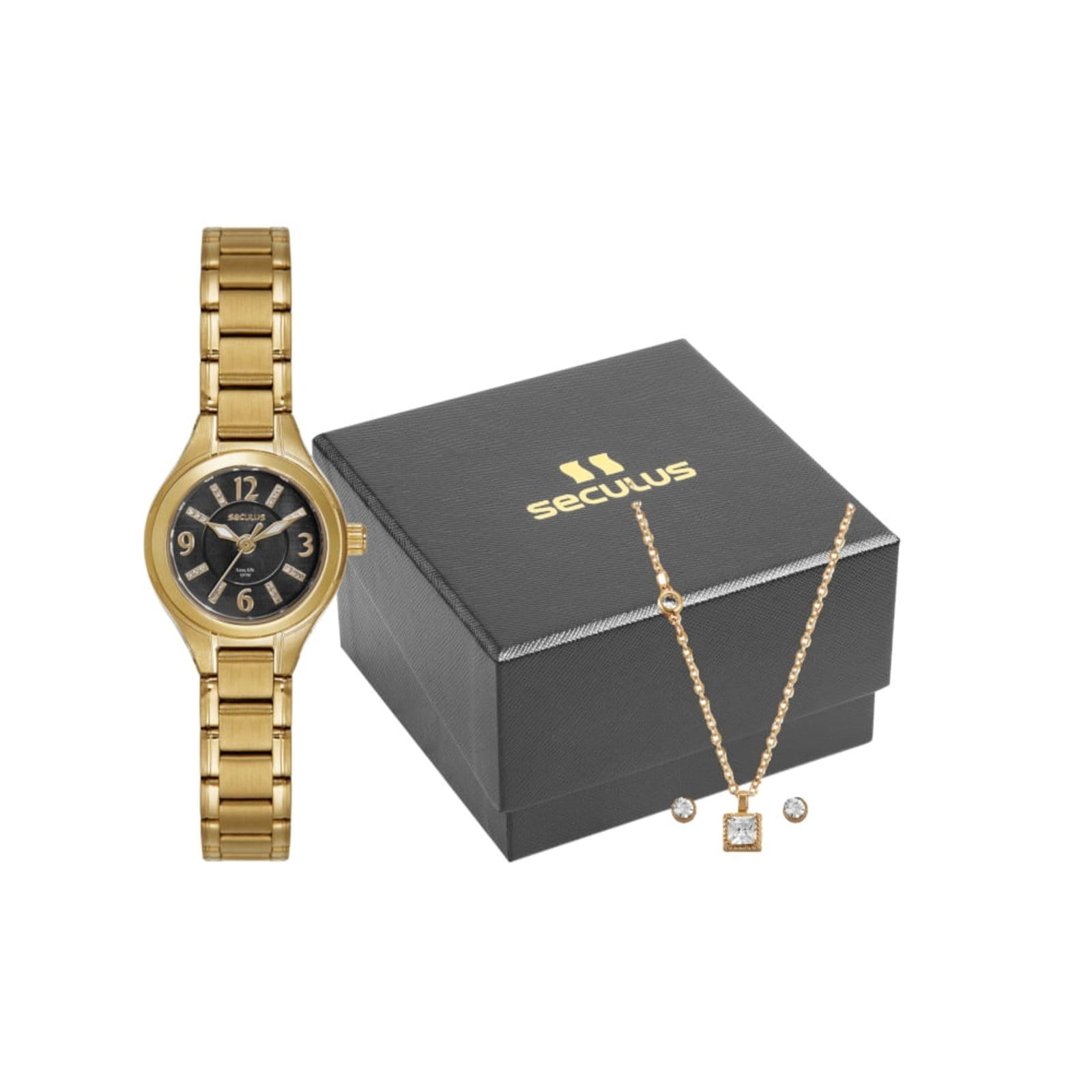 Vista principal Kit Relógio Seculus Feminino Madrepérola Colar e Brincos Seculus dourado