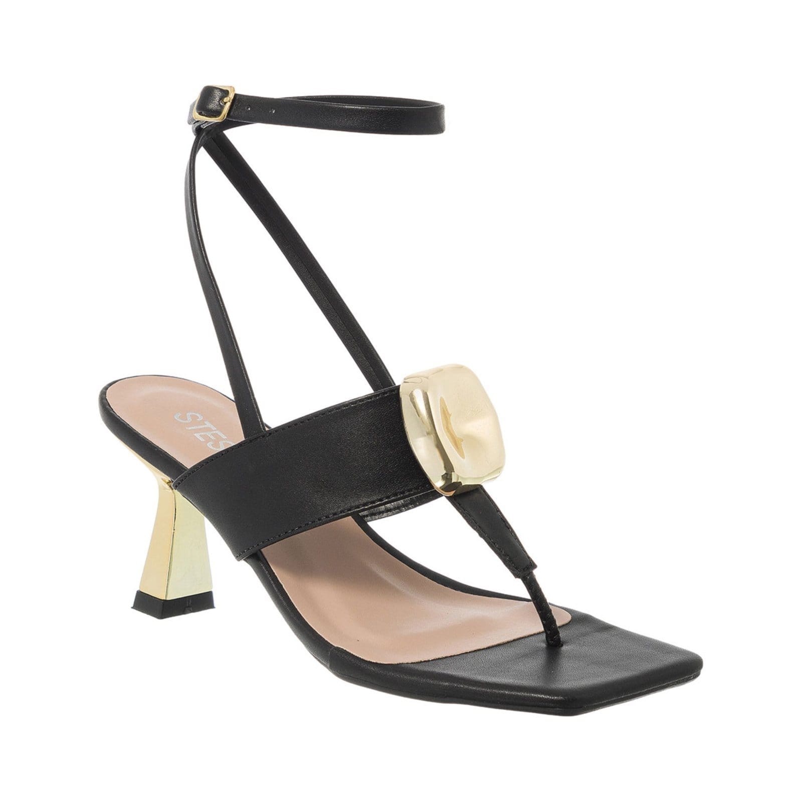 Sandália Feminina Stessy Shoes Salto Taça Baixo Enfeite Bloco Casual Luxo Preta