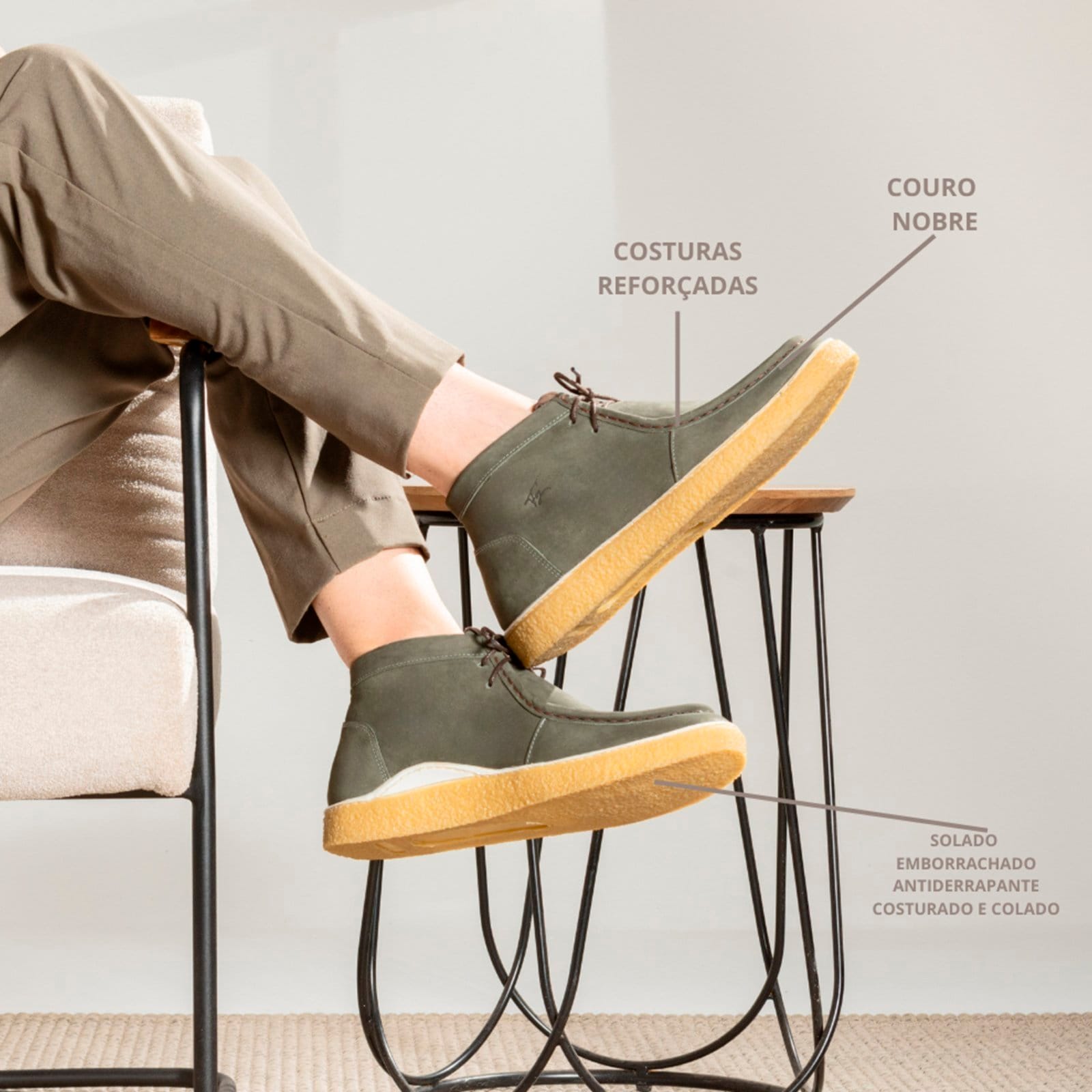 Vista 2 Bota Masculina London Em Couro Estilo Vintage Rústico Sola Crepe Cacareco Leve Gray FRANCA GRIFFE cinza