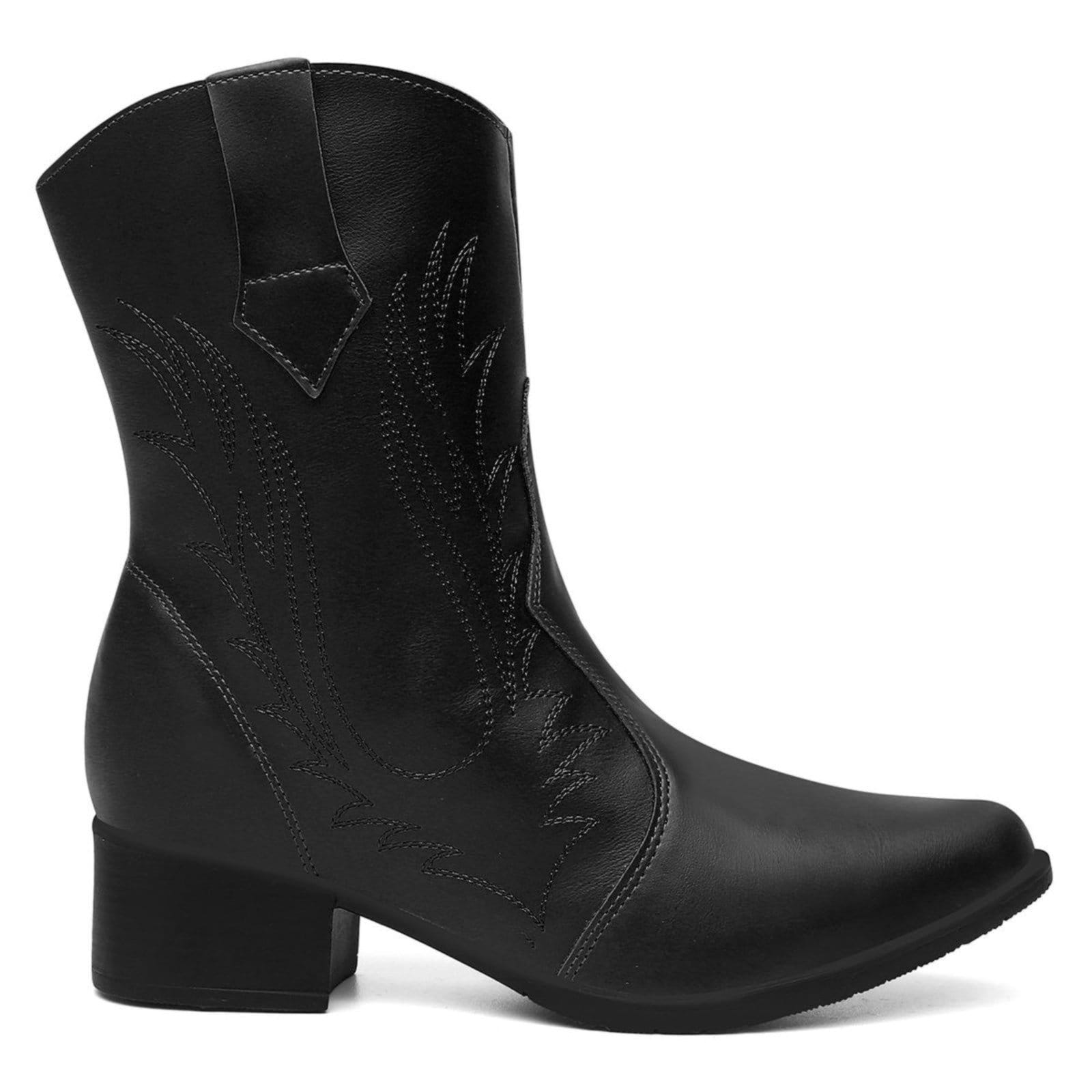 Vista principal Bota Texana Feminina Preta Bordado Western Santa Rosa preto
