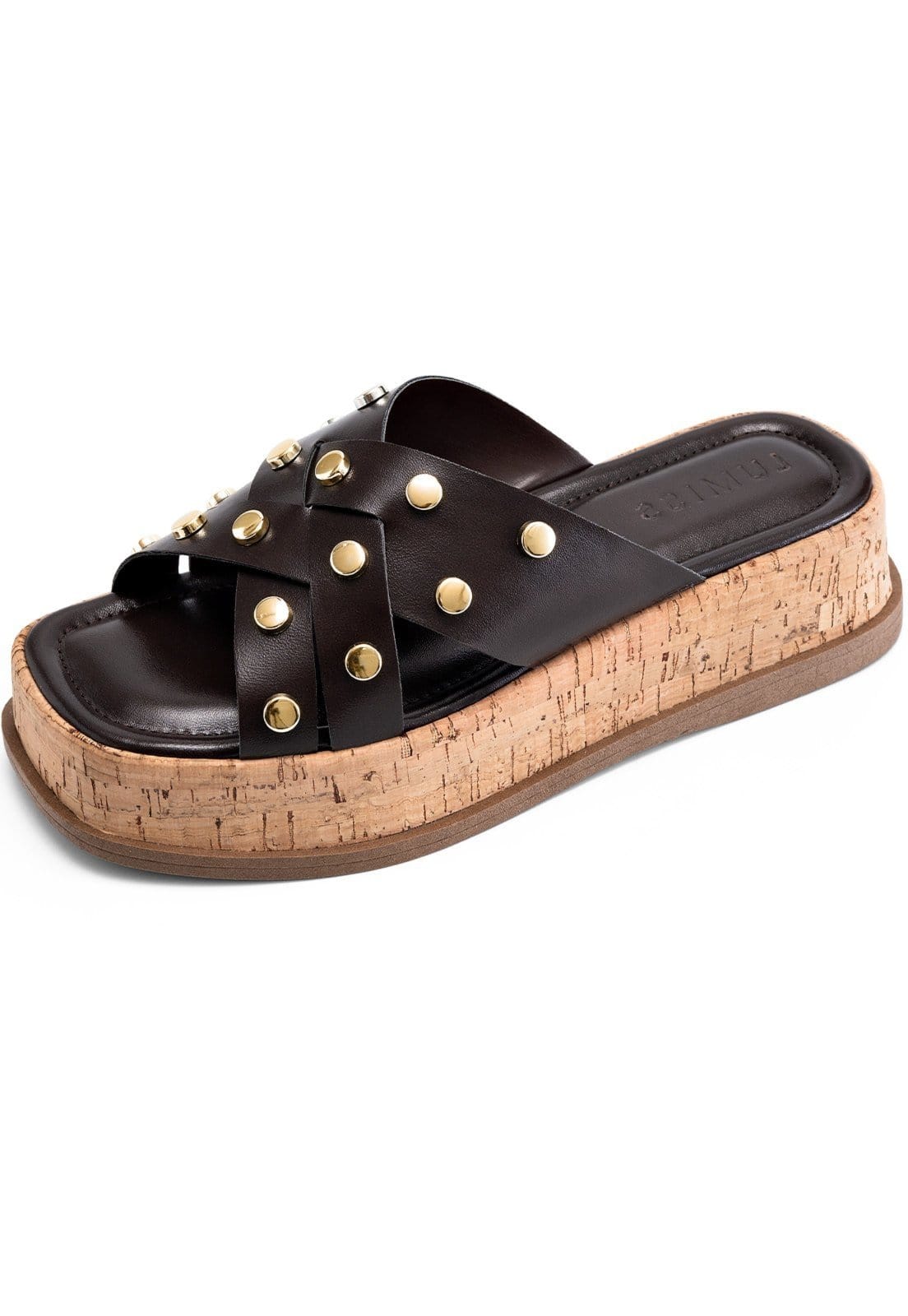 Sandália Feminina Lumiss Flatform Tachas Rebite Dourado Cortiça Confortável