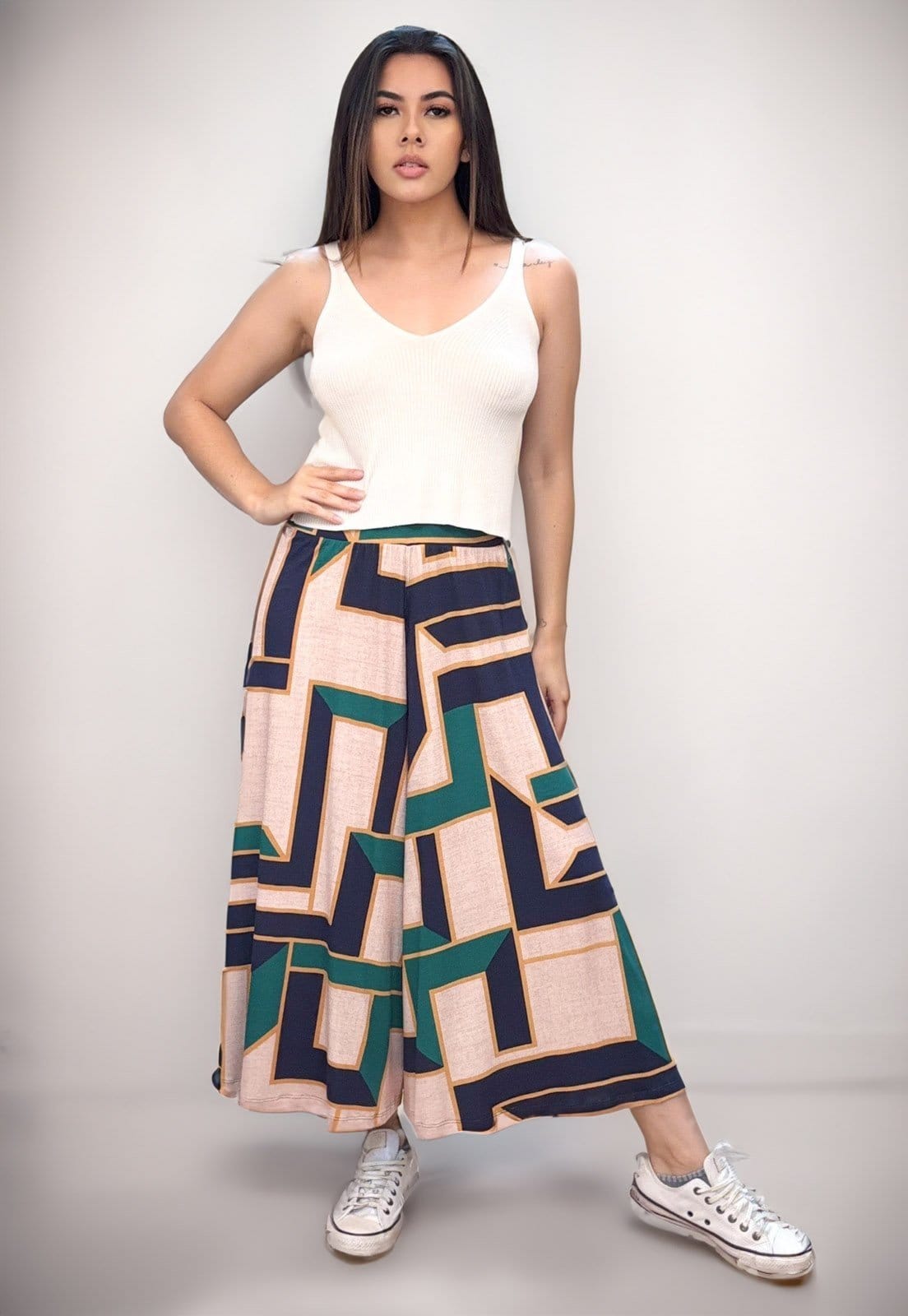 Calça Pantacourt Cabanafree Saia Malha Macaúba Estampa Chapada de Areia