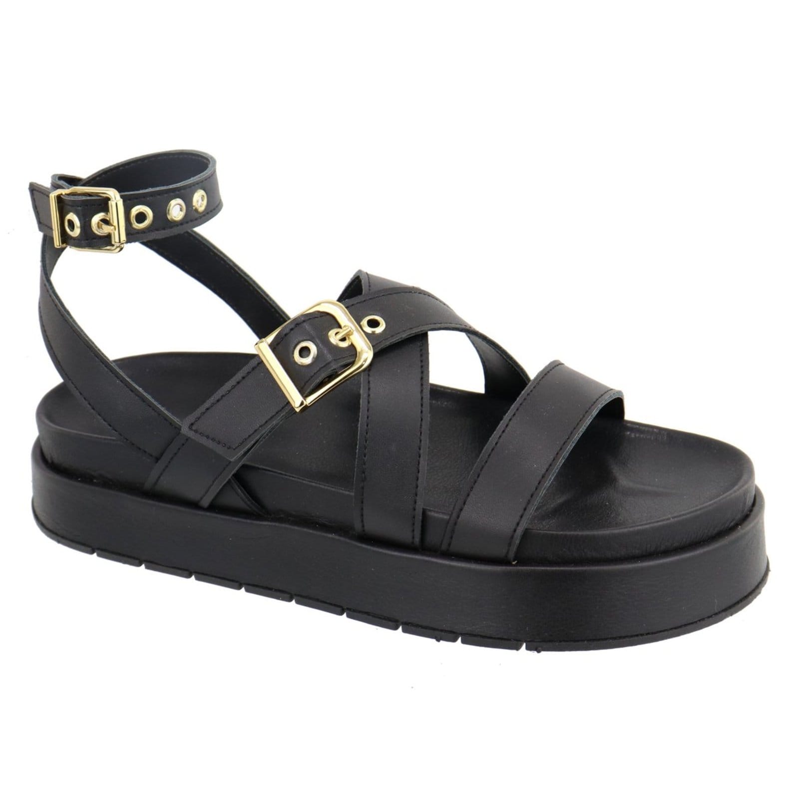 Vista principal Sandalia Papete Flatform Feminina Tiras Preta Sola Alta TELLINI STORE preto