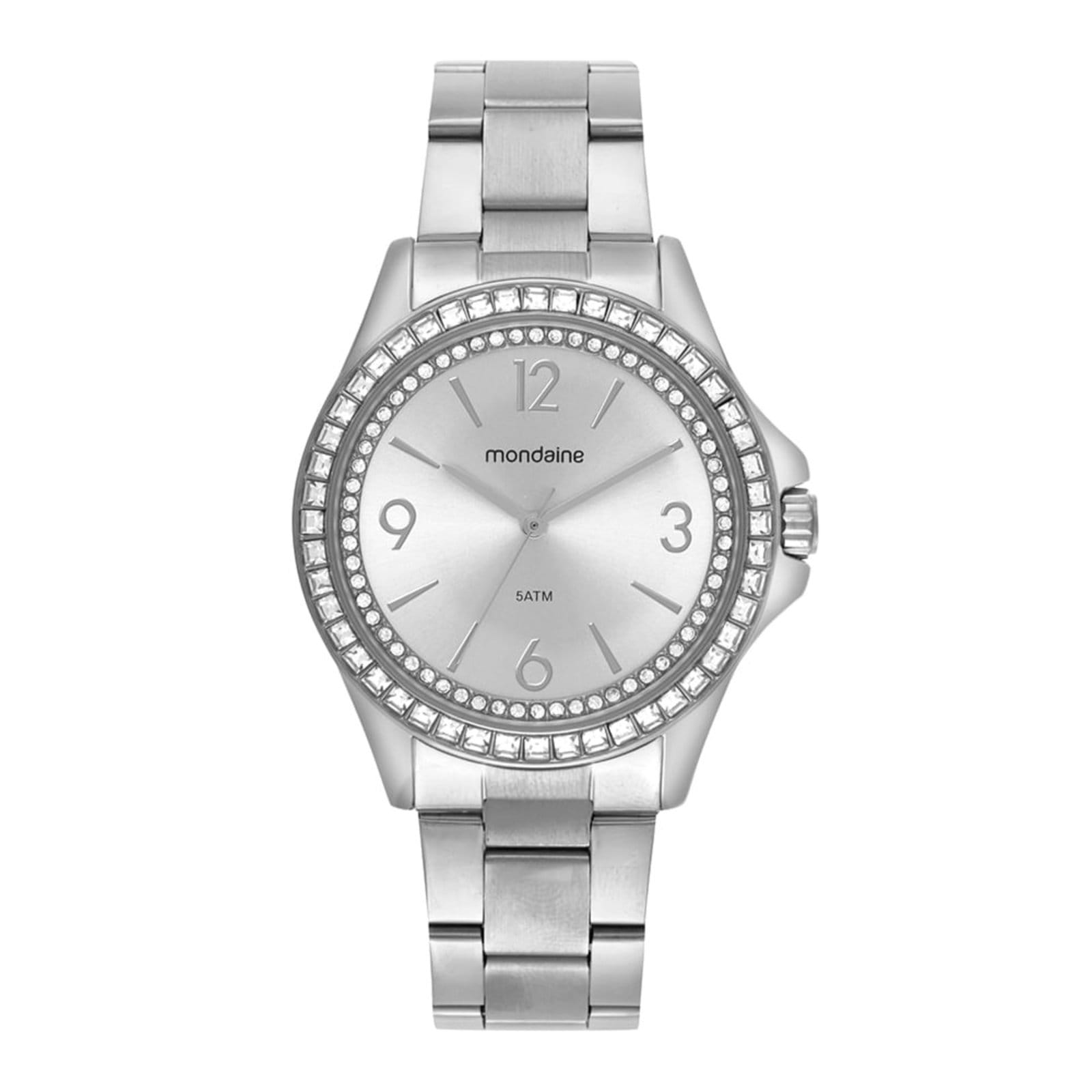 Vista principal Relógio Feminino Pedras Cravejadas Dourado Mondaine prata