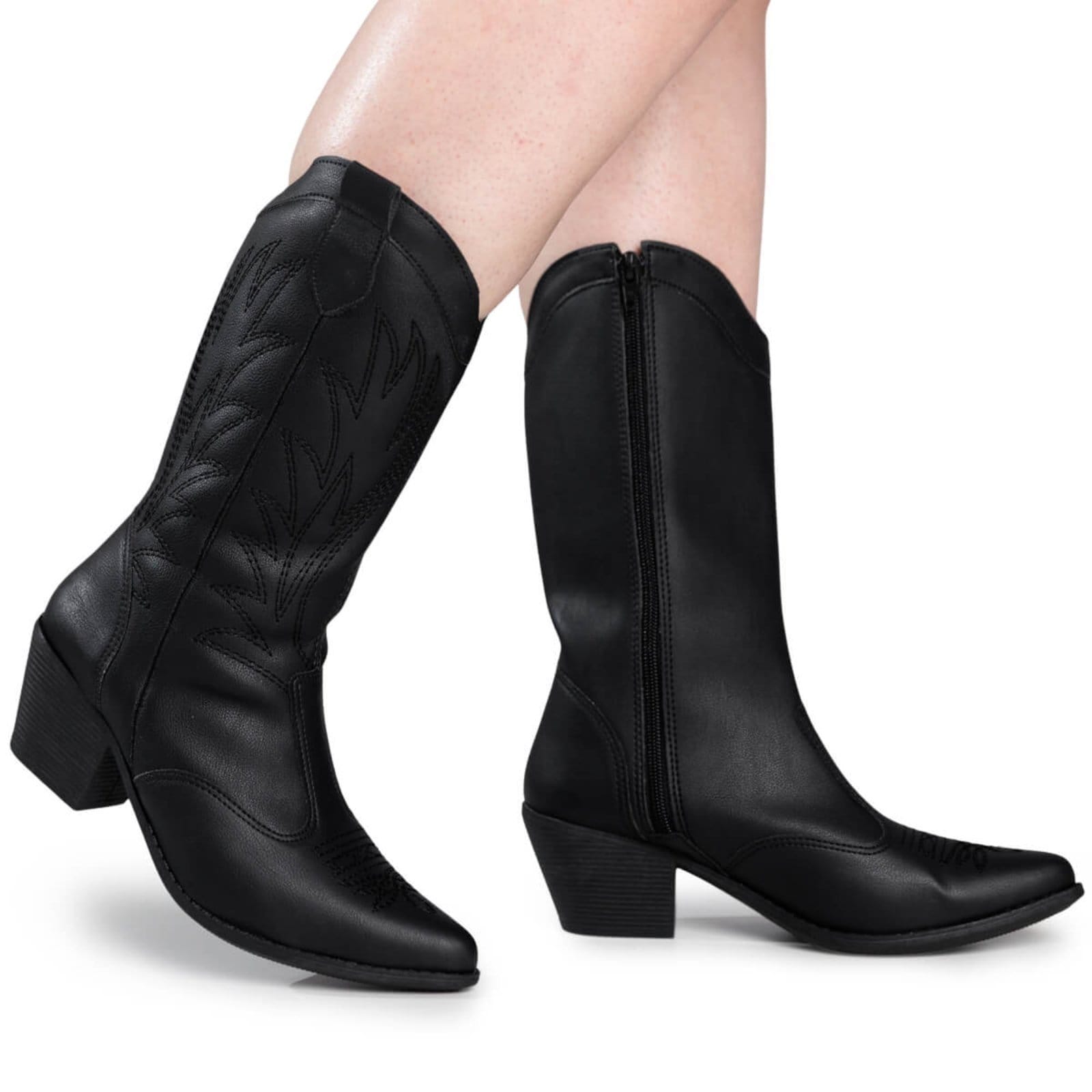 Vista 2 Bota Texana Feminina Western Country Rodeio Boiadeira Bico Fino Confortável Via Angel 9002 VIA ANGEL preto