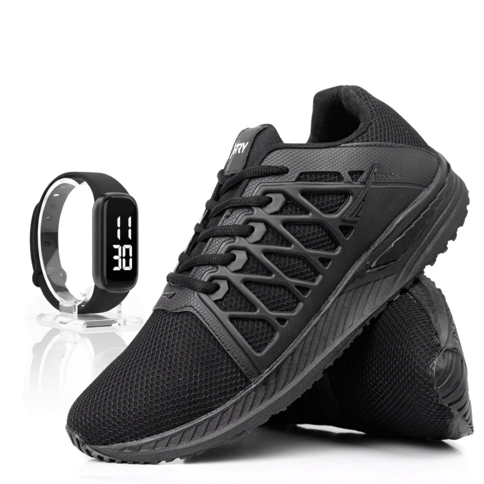 Vista principal Tênis Corrida Masculino Academia Running Confortável + Relógio Kit Sapatofran preto