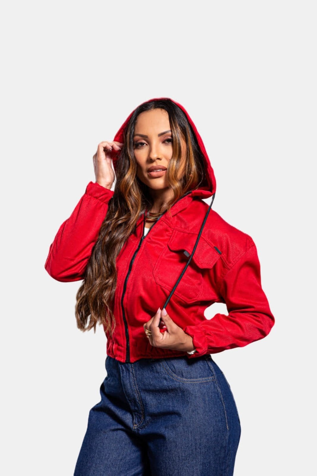 Vista 2 Jaqueta Feminina Razon Jeans Sarja Cropp C/ Capuz Razon Jeans vermelho