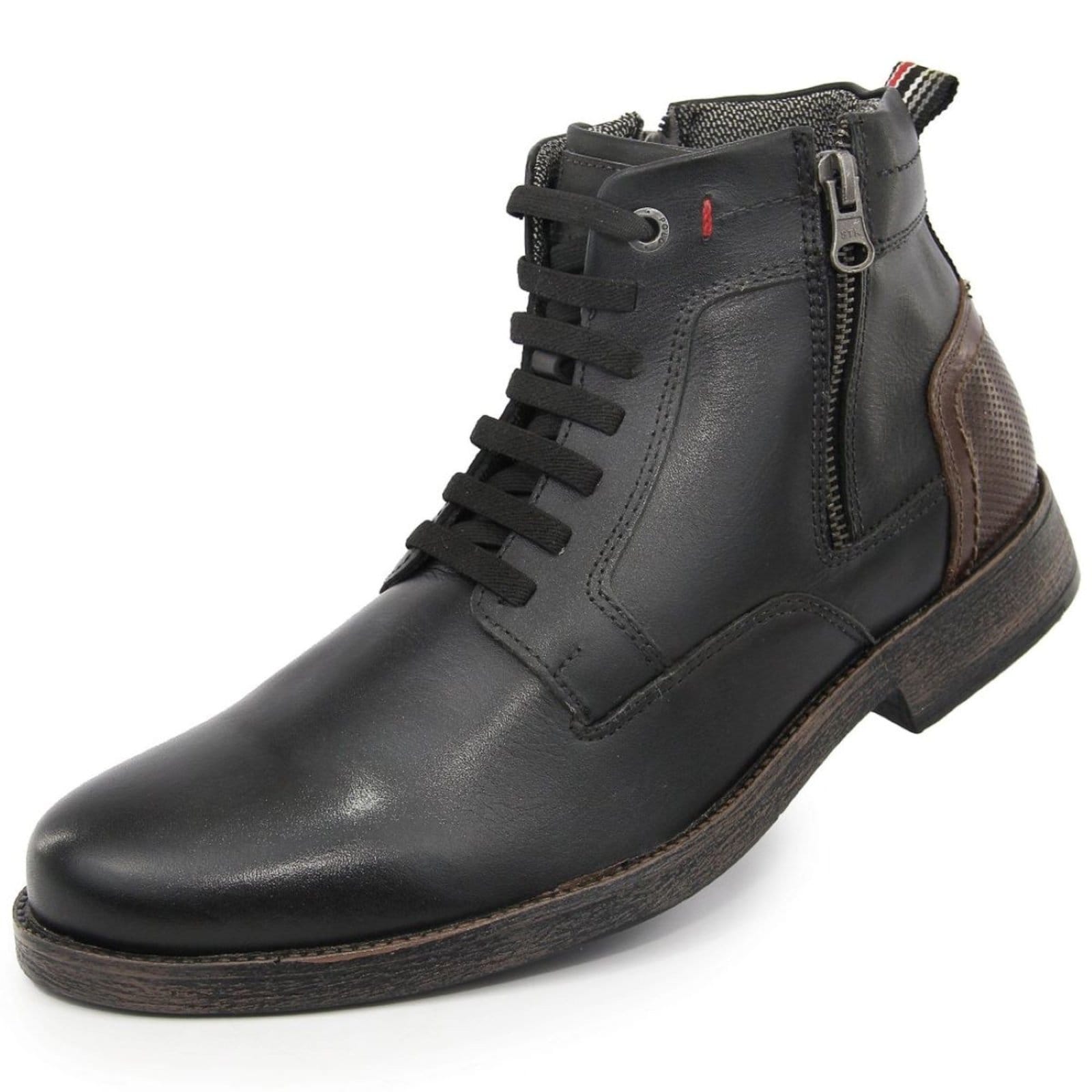Vista 2 Bota Casual Coturno Couro Masculino Atacador Cano Curto Zíper Lateral Urbana Versátil super shoes preto