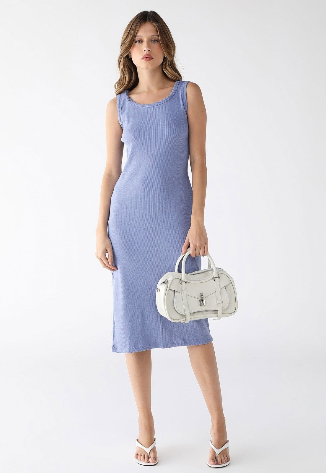 Vestido Midi Levosch De Alça E Fenda Ribana Azul Serenity