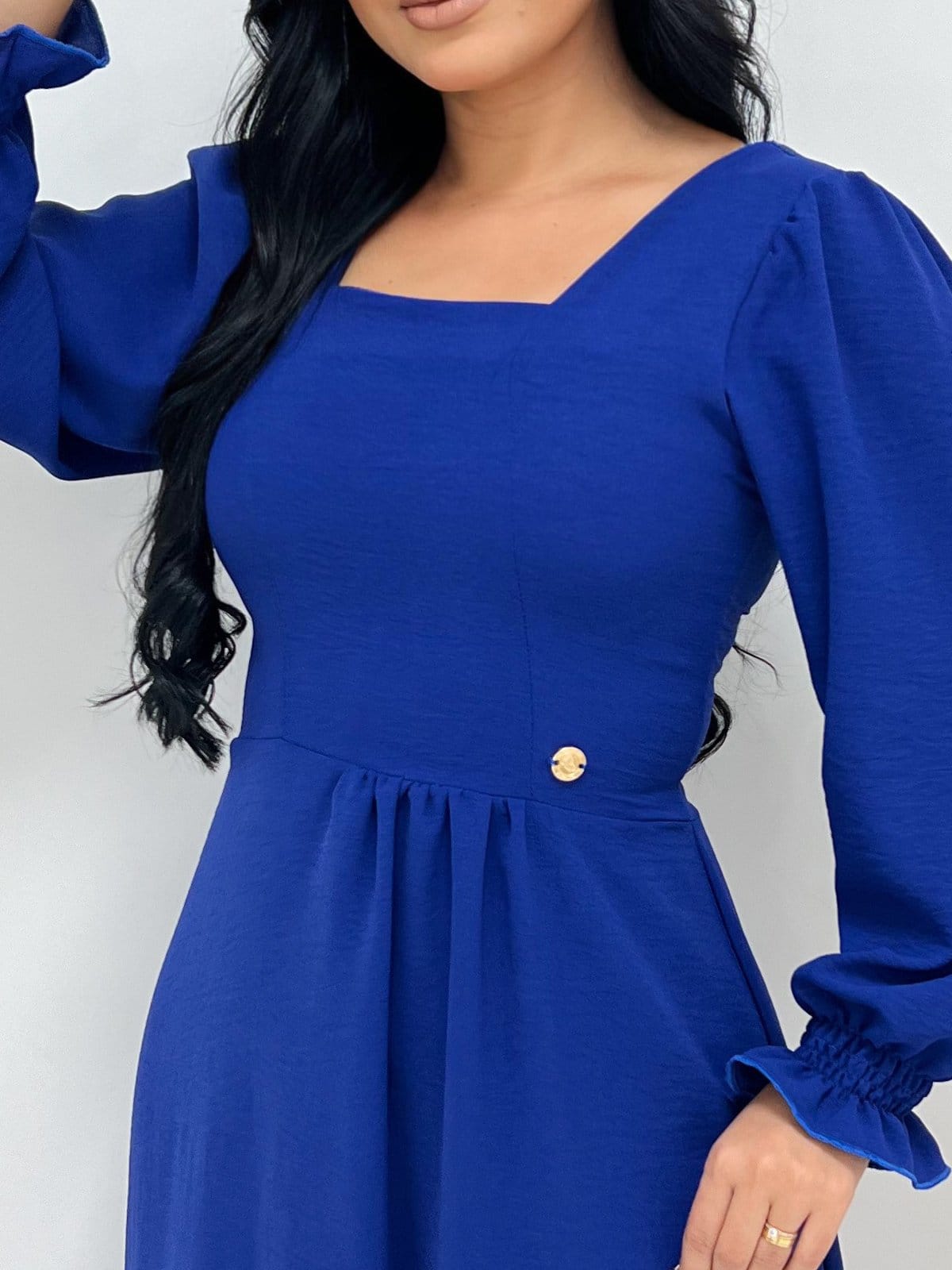 Vista 2 Vestido Midi Mullet Assimetrico Manga Longa Moda Social Modesta Royal BARSONS FASHION azul royal