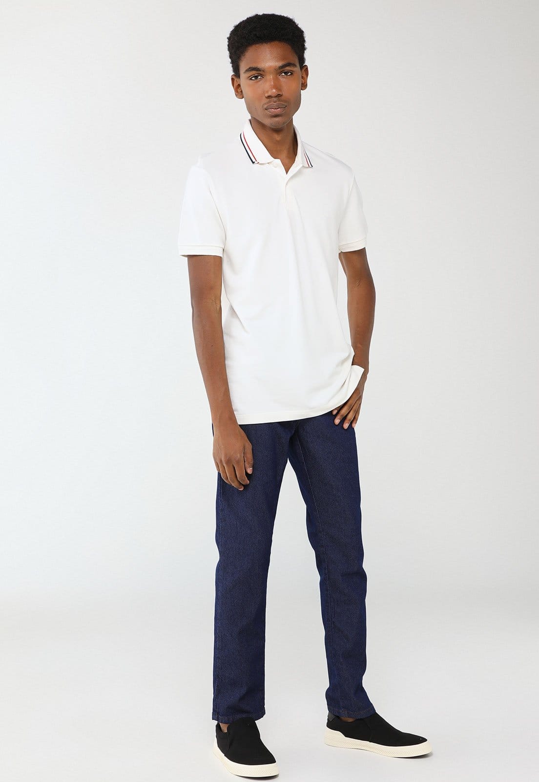 Vista 2 Polo Masculina Aramis Gola Listrada Branca Aramis branco