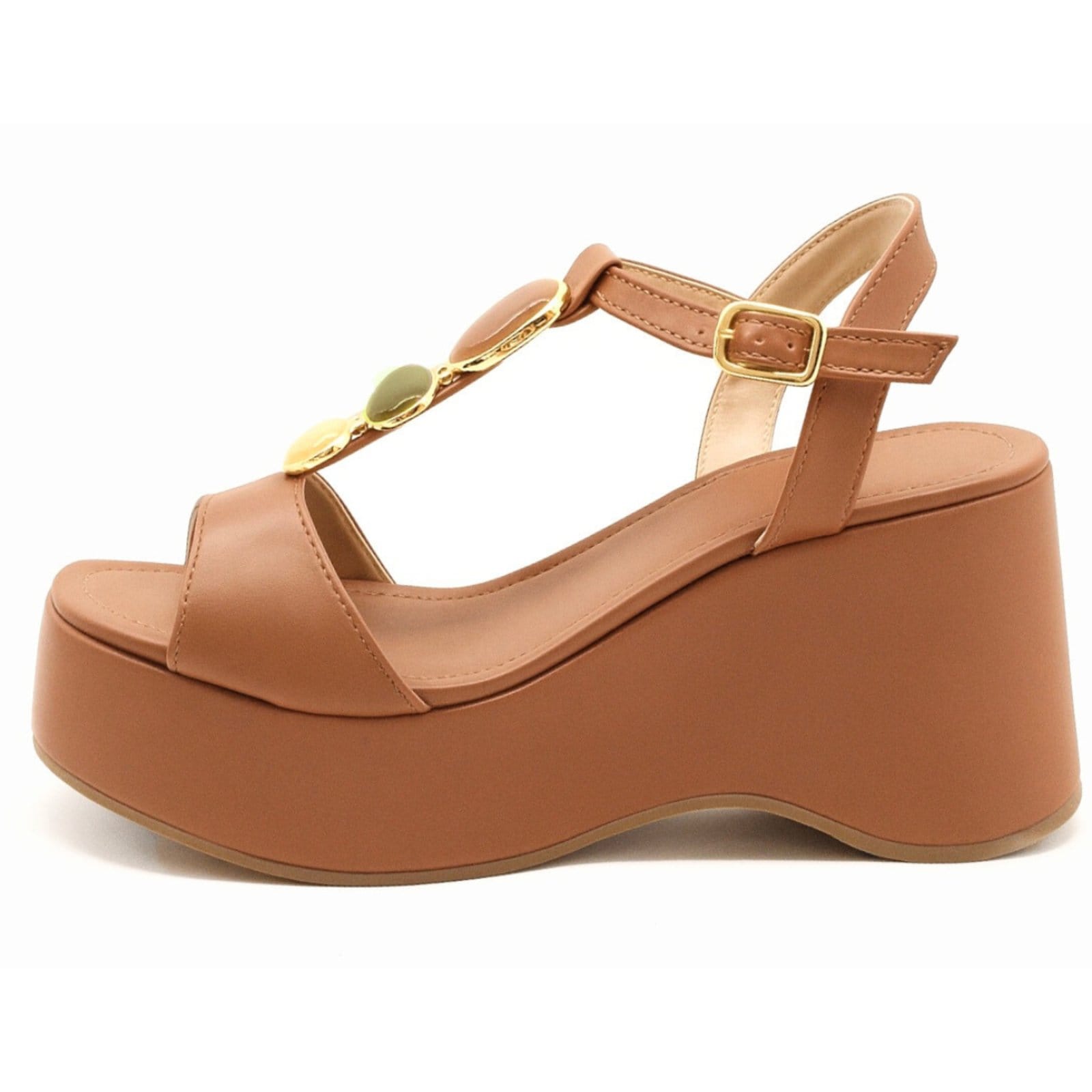 Vista 2 Sandália Feminina Anabela Plataforma Média Tira Com Pedrarias Fashion 9003 Flor da Pele caramelo