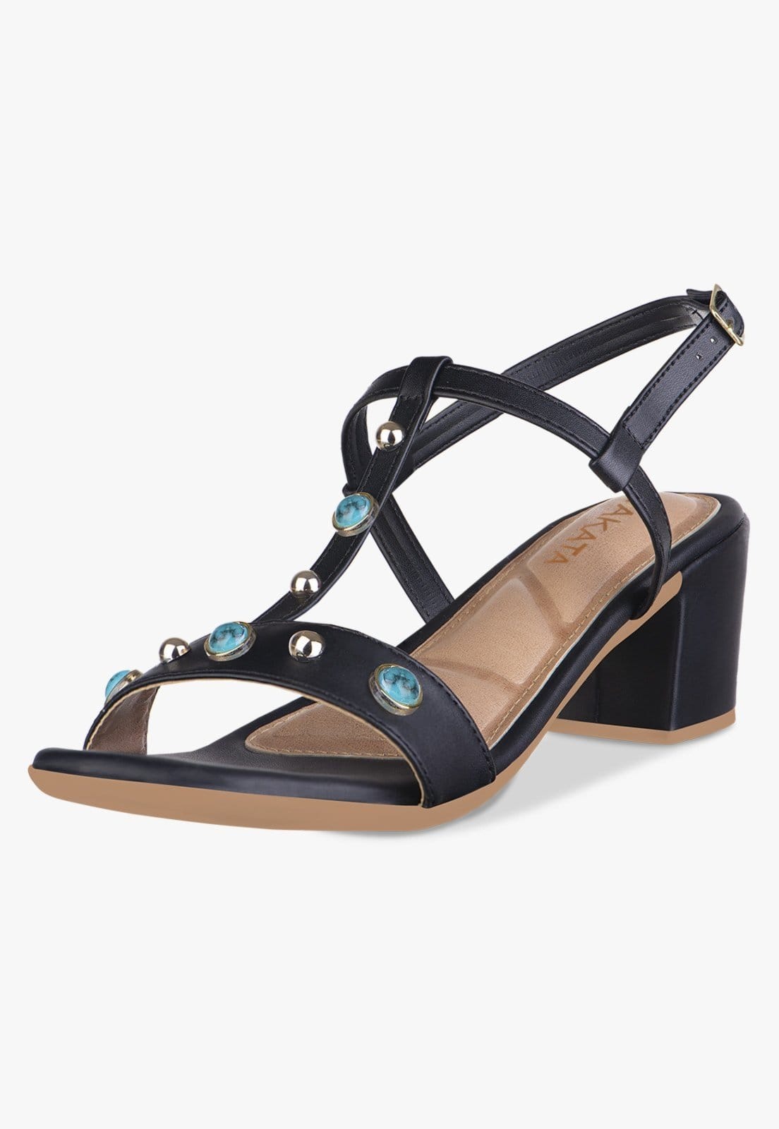 Sandália Feminina Salto Bloco Grosso Quadrado Baixo Boho Chic Tachas Tipo Pedra Azul Turquesa Preto