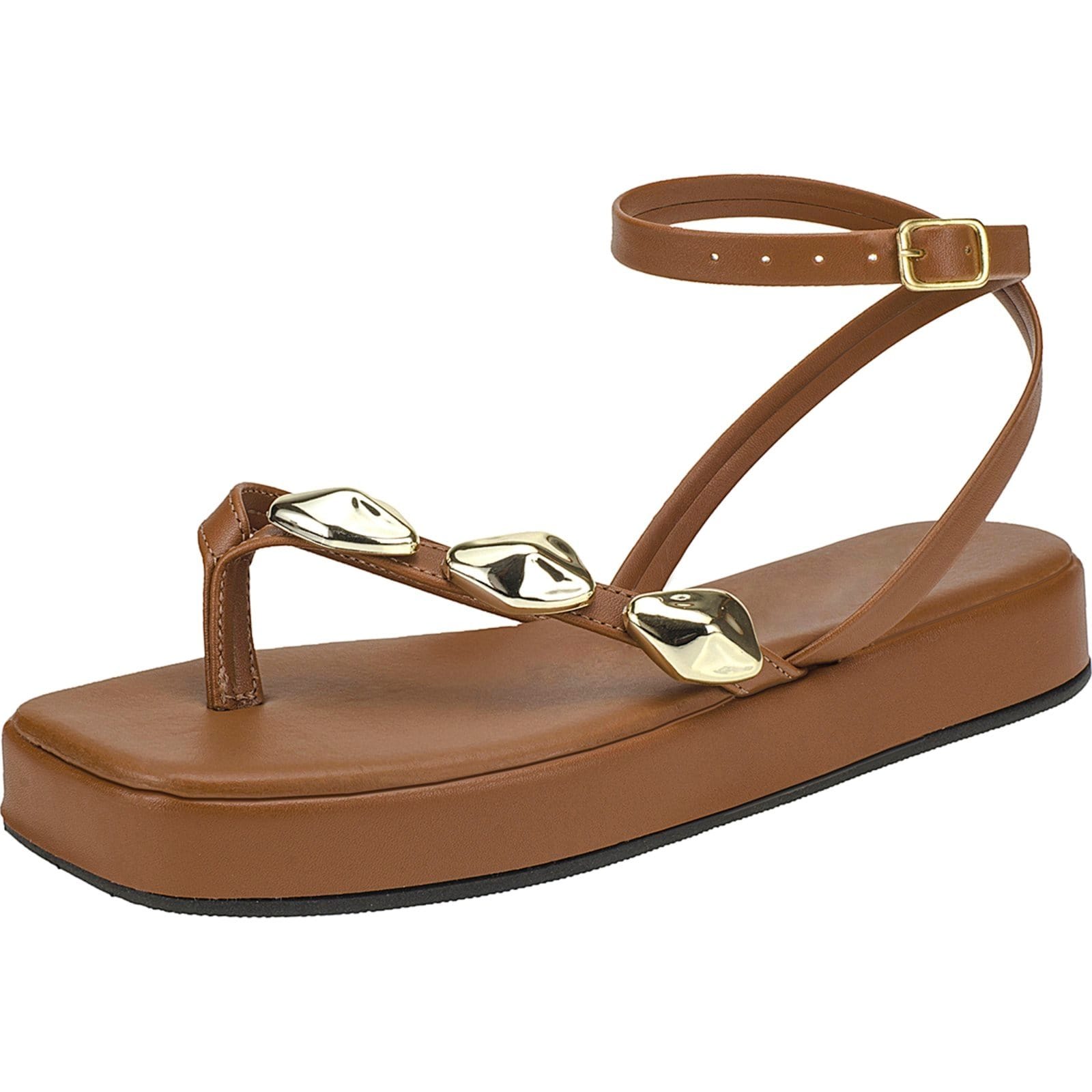 Sandália Rasteira Feminina com Pedrarias Douradas e Plataforma