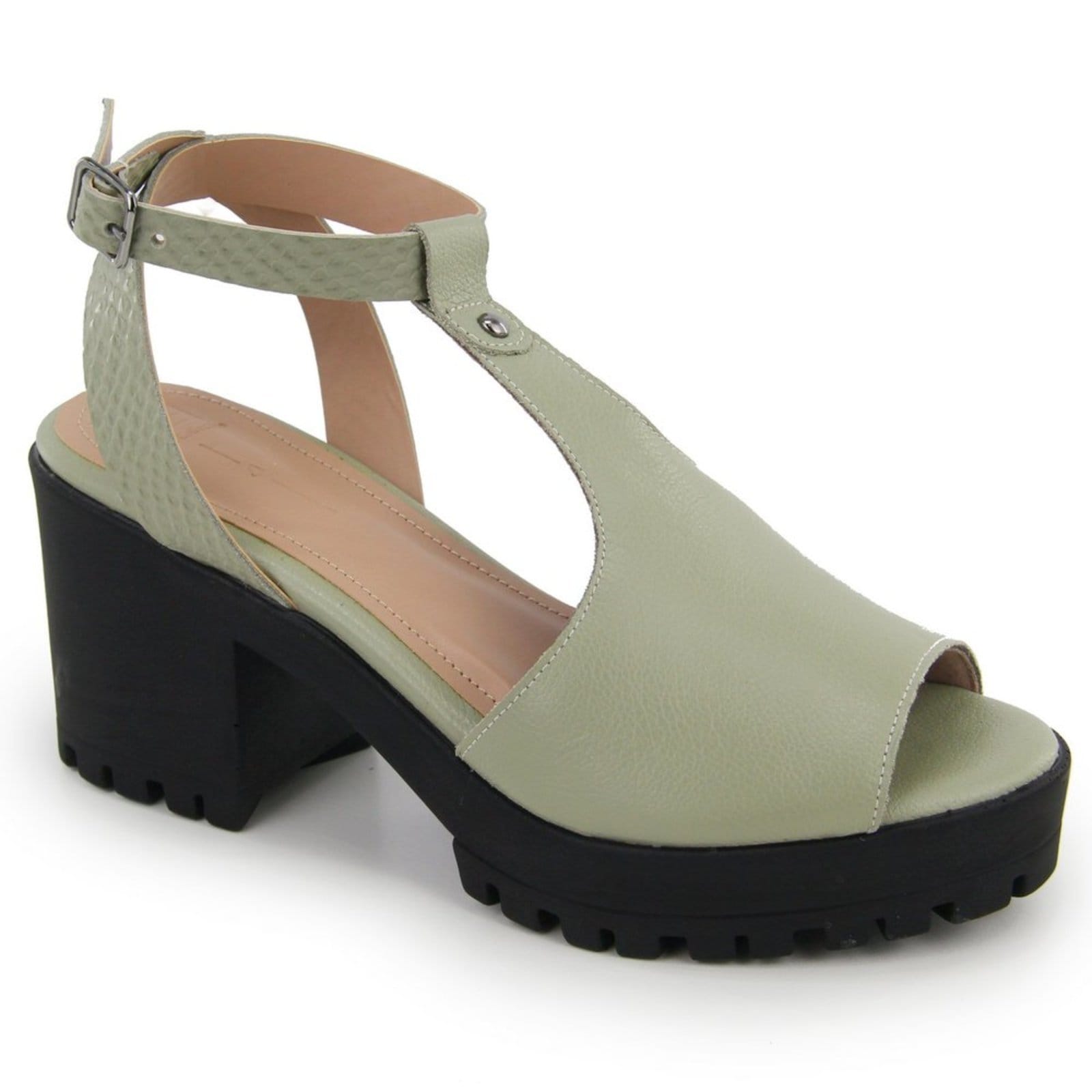 Vista 2 Sandália Feminina Tratorada em Couro Salto Bloco Maria Paula Salvia MARIA PAULA verde