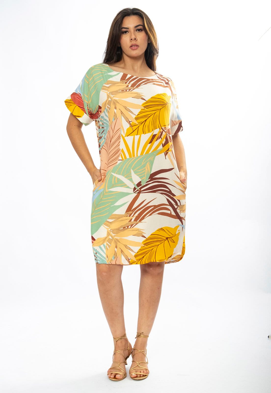 Vista 2 Vestido Curto Cabanafree Viscose com Bolso Estampa Aurora Suave Cabanafree amarelo/estampado/off-white