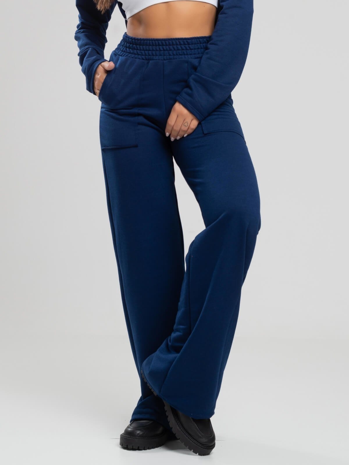 Vista 2 Calça Pantalona Vicbela Cintura Alta Moletinho Wide Leg Marinho Vicbela azul/azul marinho azul