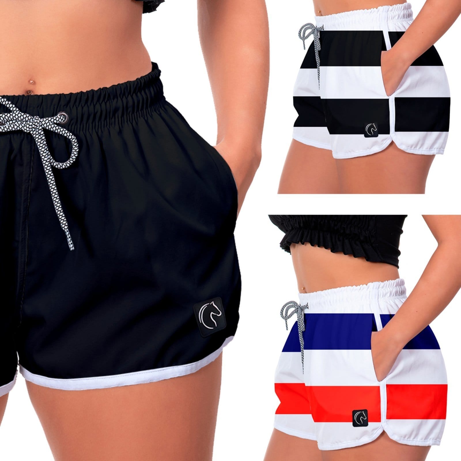 Kit 3 Shorts Feminino Premium Secagem Rápida com Elástico Cordão Ajustável e Bolsos Moda Praia Casual ou Treino Academia Listras e e Vermelho
