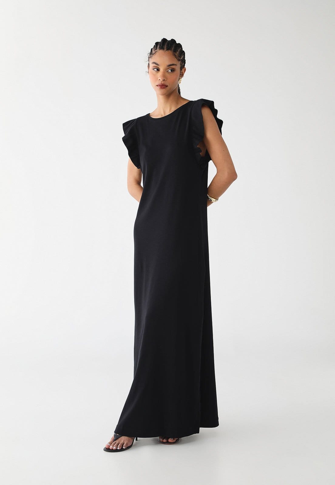 Vista 2 Vestido Longo Feminino CaCay Manga Babadinho CaCay preto