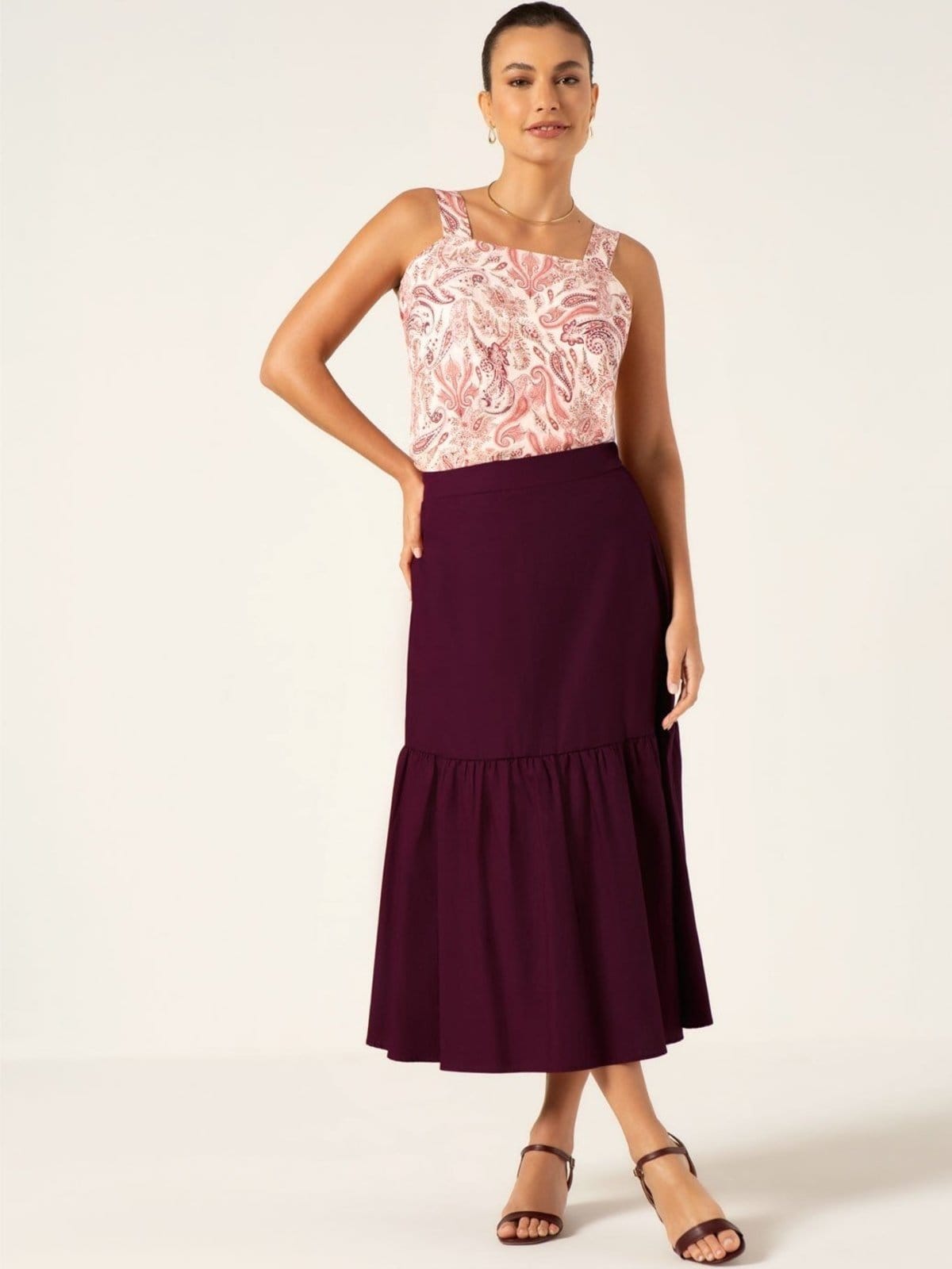 Vista principal Saia Principessa Maxi Longuete em Tricoline Kauane Principessa vinho