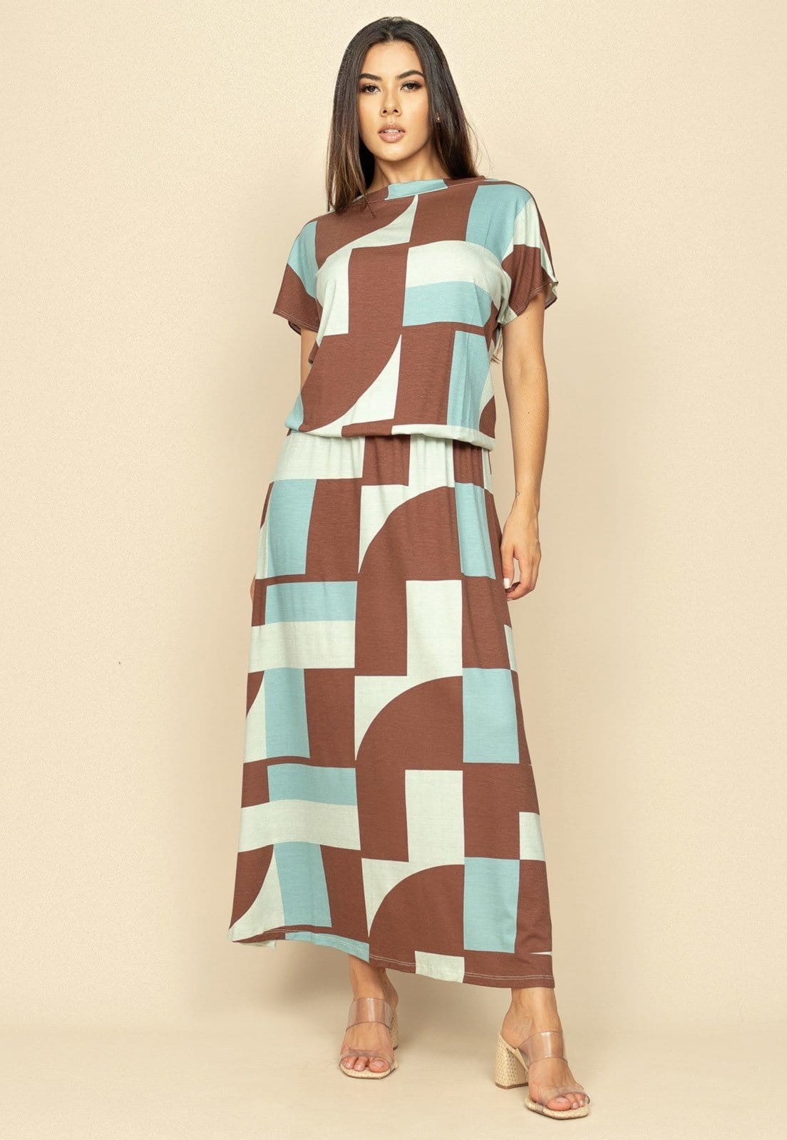 Vista principal Vestido Longo Morcego Malha Estampa Santa Rosa do Tocantins Cabanafree azul/estampado rosa