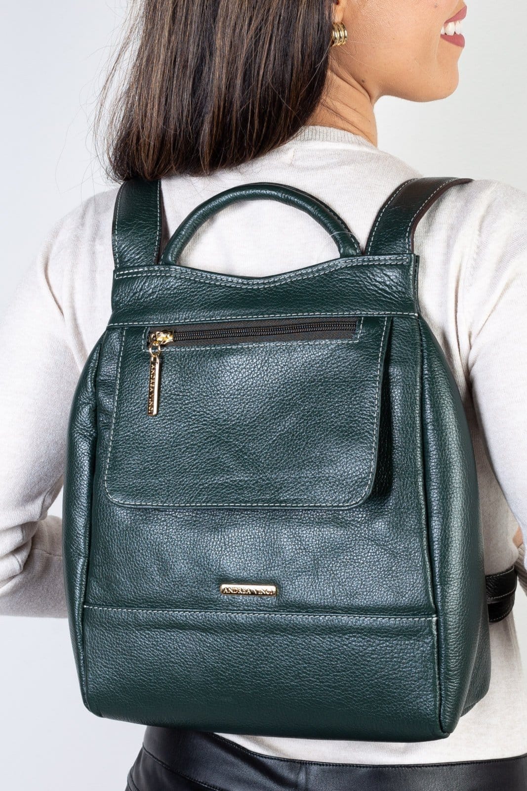 Mochila pequena antifurto couro liso Susan - Verde militar