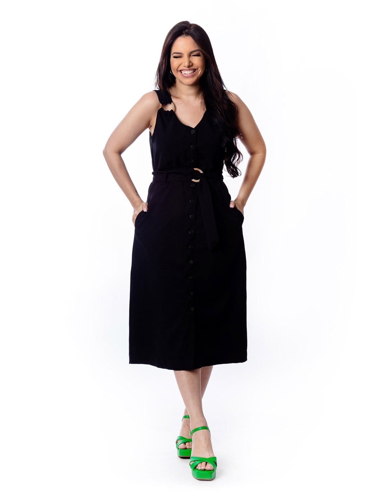 Vestido Midi Restrito Jeans Com Cinto e Argola