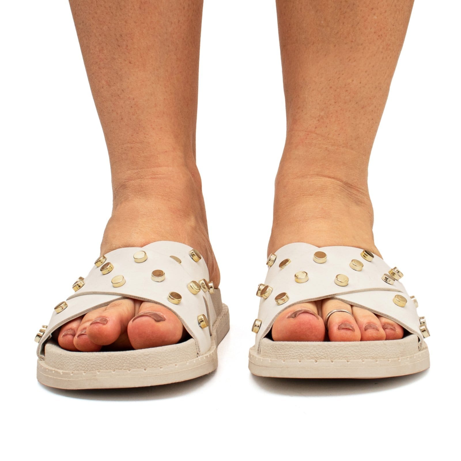 Vista 2 Sandália Papete Flatform Rasteirinha Off White Enfeite Metalizado Brilho ÉPICO CALÇADOS off-white white