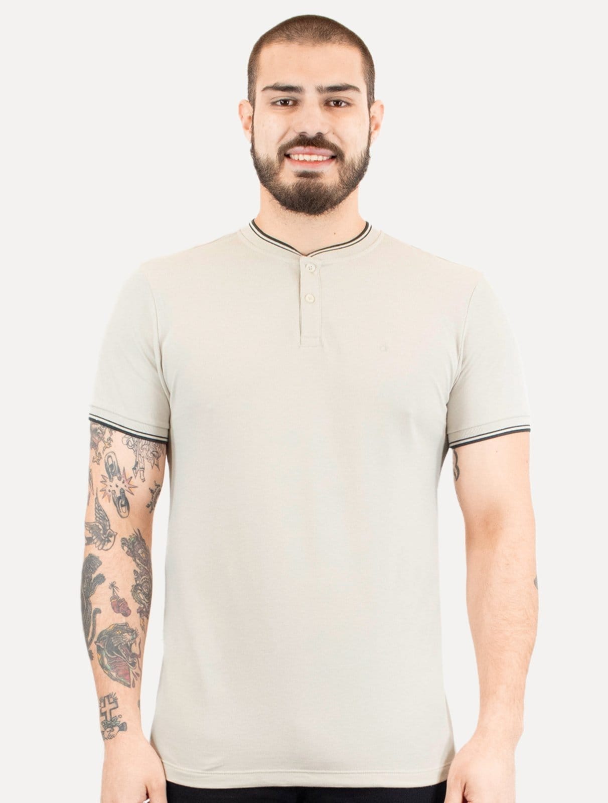 Polo Calvin Klein Masculina Slim Fit Gola Portuguesa Friso Areia