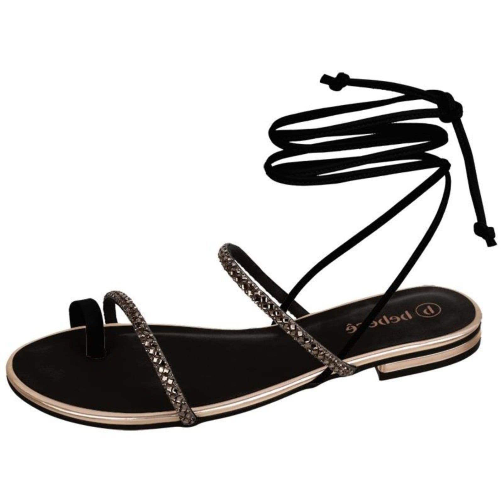 Vista principal Sandália Feminina Rasteira Amarração Preta Brilho Conforto Santa Rosa preto