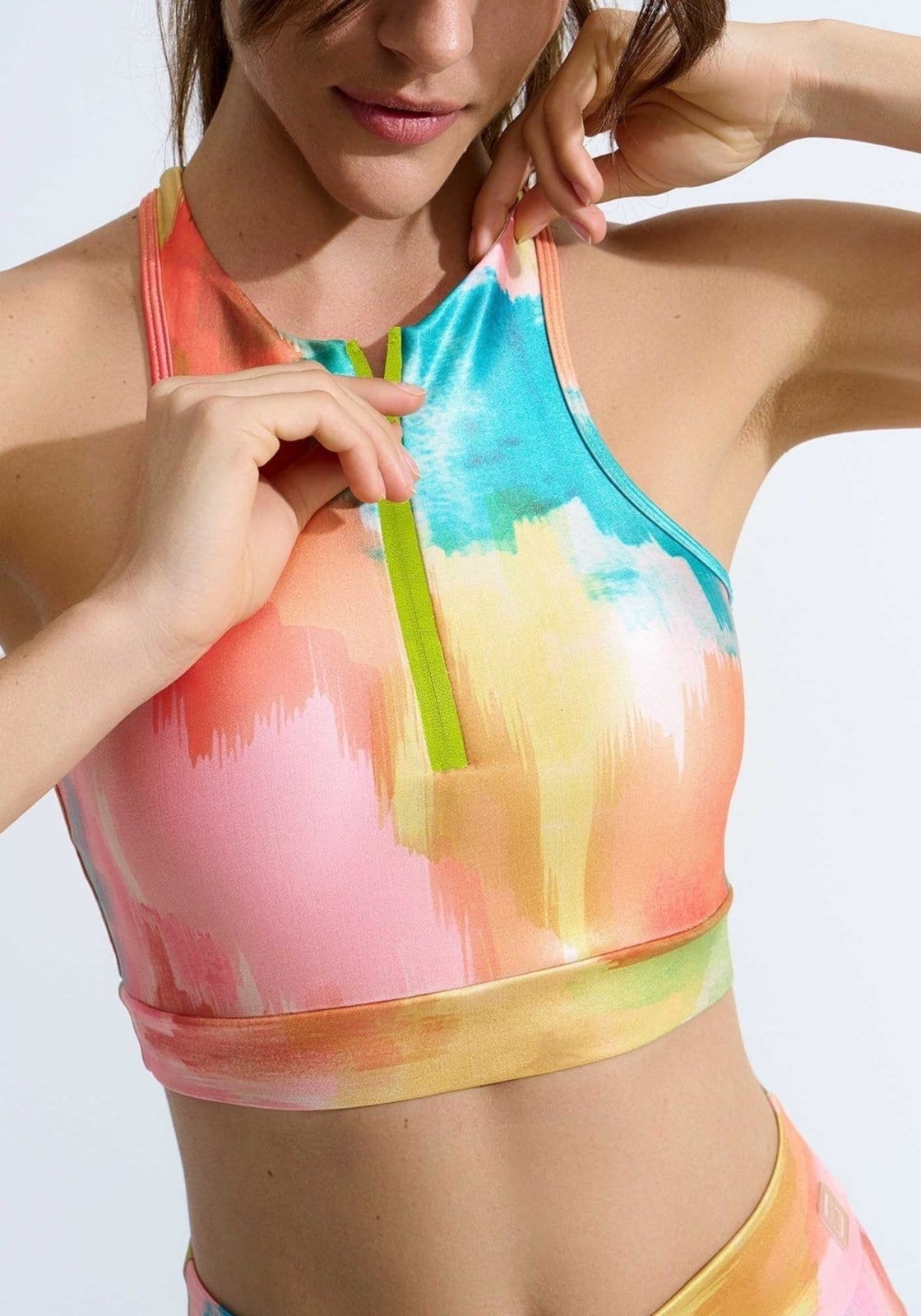 Vista 2 Top Acetinado Estampado com Bojo Removível e Zíper Lez a Lez verde