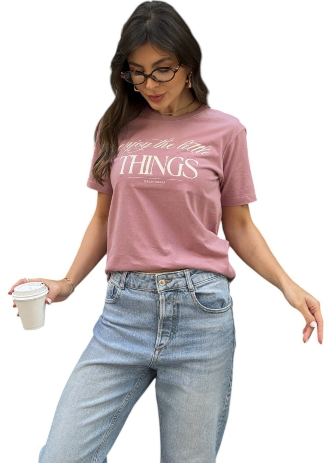 Vista 2 Camiseta Feminina Cianitas Rosa Envelhecida Estampa Enjoy The Little Things Cianitas rosê rosa