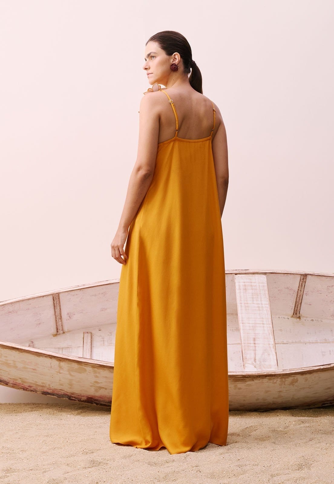 Vista 2 Vestido Alça Aplique Flor CaCay amarelo