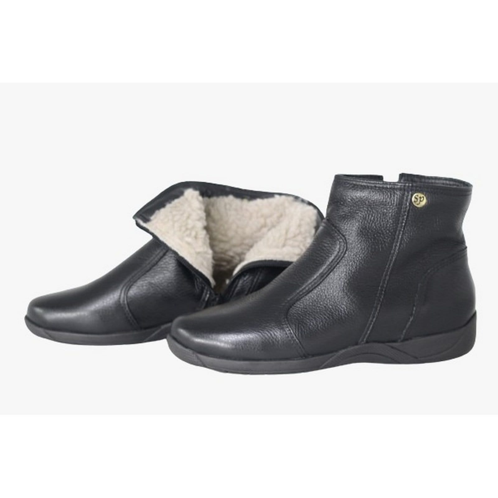 Vista principal Bota Cano Curto Lã Sintética Couro Sola Rasteira Spinelli preto