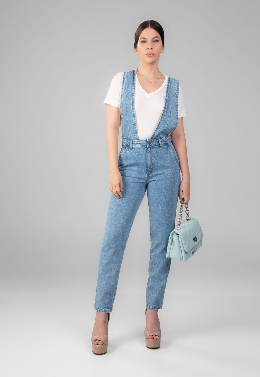 Macacão Traymon Jeans Cintura Alta Claro