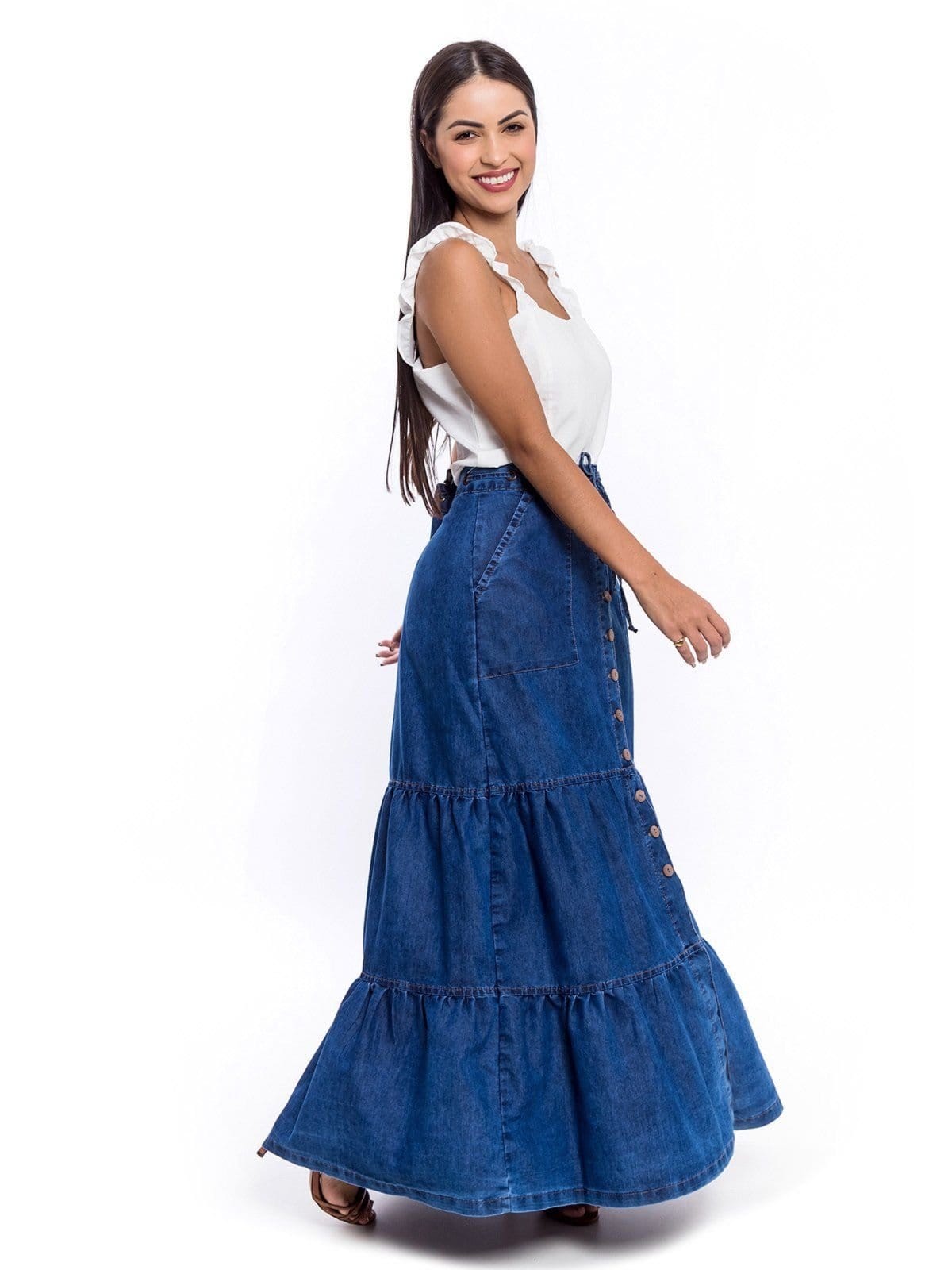 Vista principal Saia Longa Restrito Jeans 3 Marias Com Botões ESCURO Restrito Jeans azul