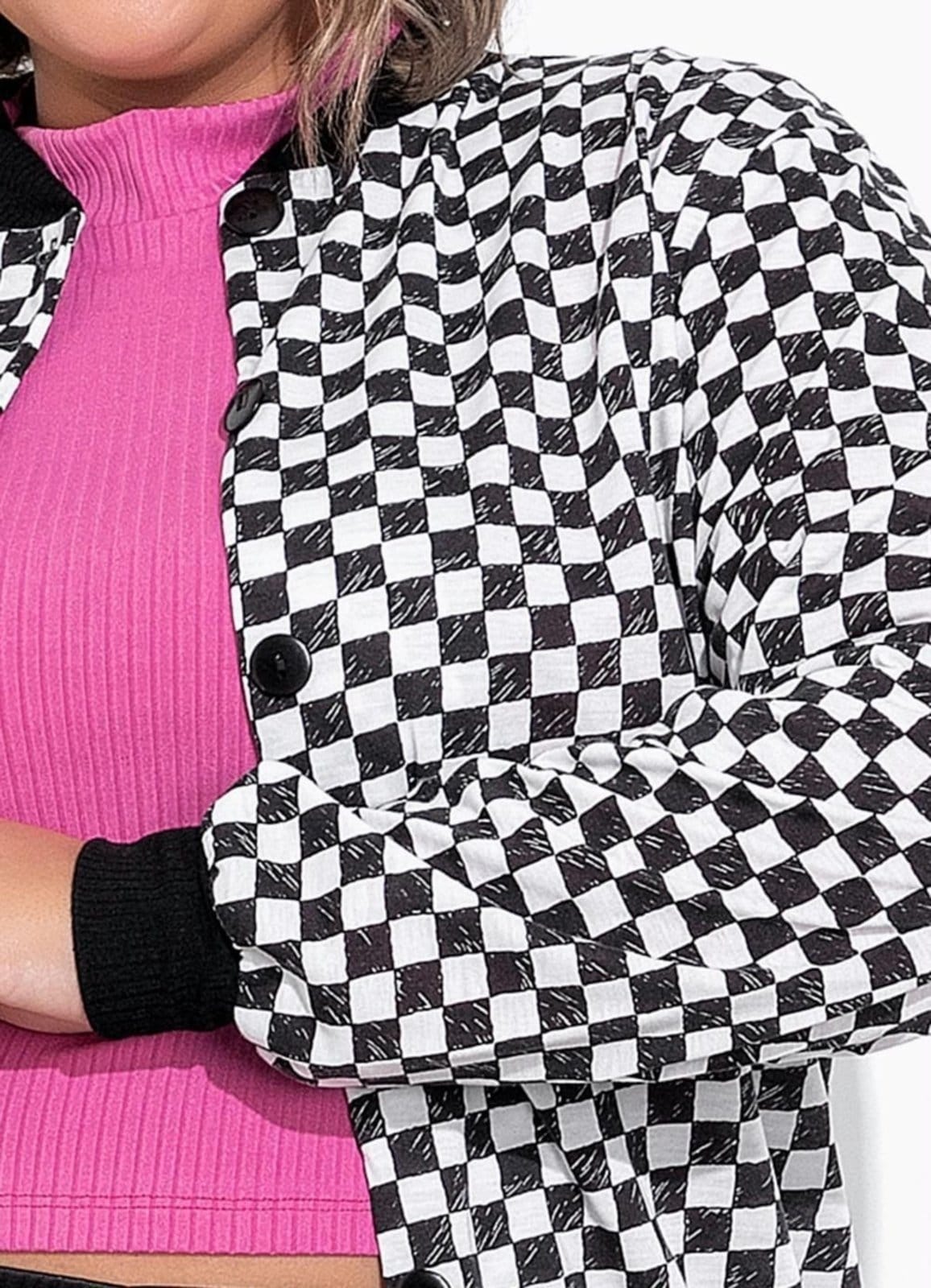 Vista 2 Jaqueta Com Botões Plus Size Xadrez Marguerite preto