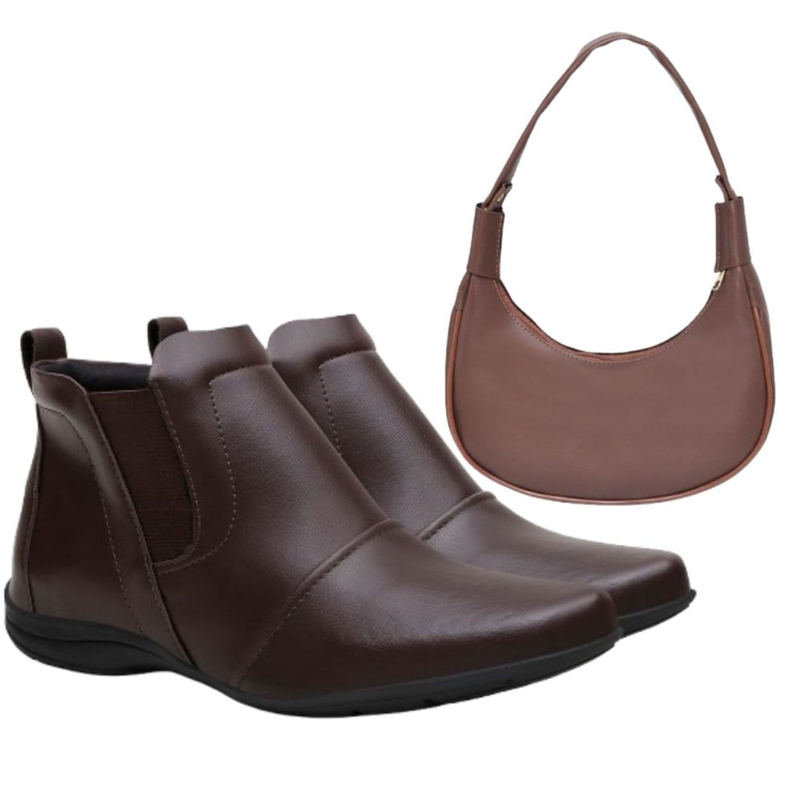 Kit Bota Feminina Cano Baixo Anna Andrade Botinha Rasteira Casual Elástico Bolsa Ombro