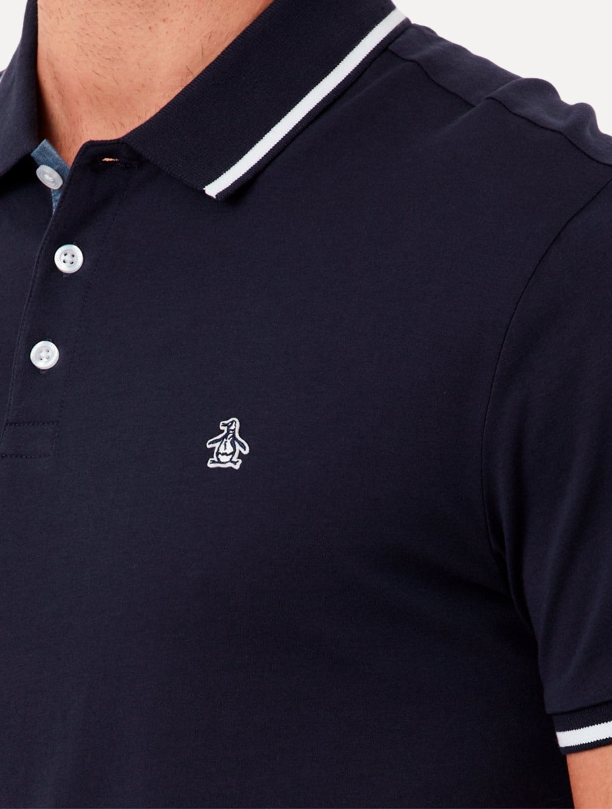 Vista 2 Polo Original Penguin Masculina Malha Jersey Lisa Frisos Marinho Original Penguin azul