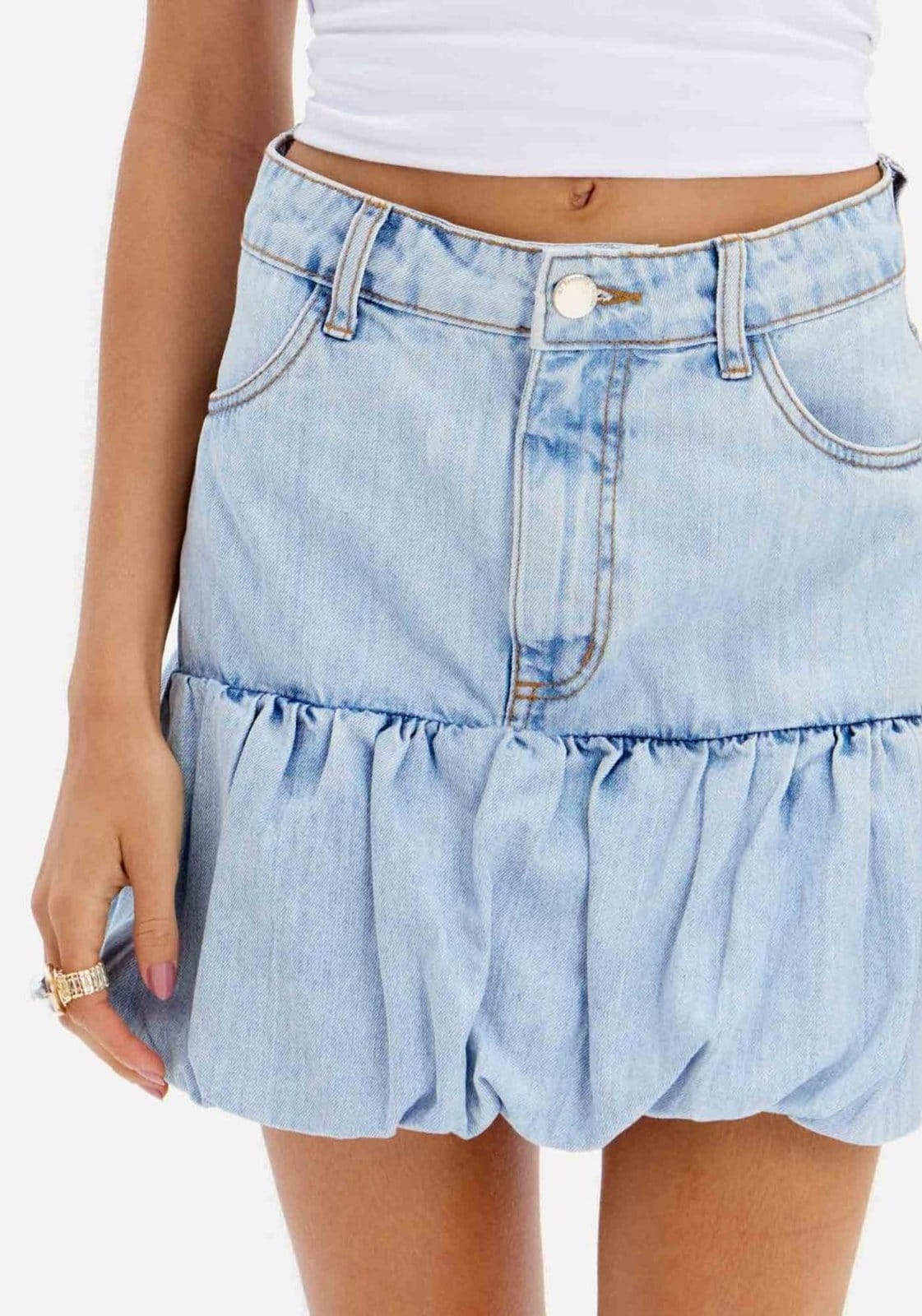 Vista 2 Saia Jeans Curta Balonê Cintura Alta My Favorite Things azul