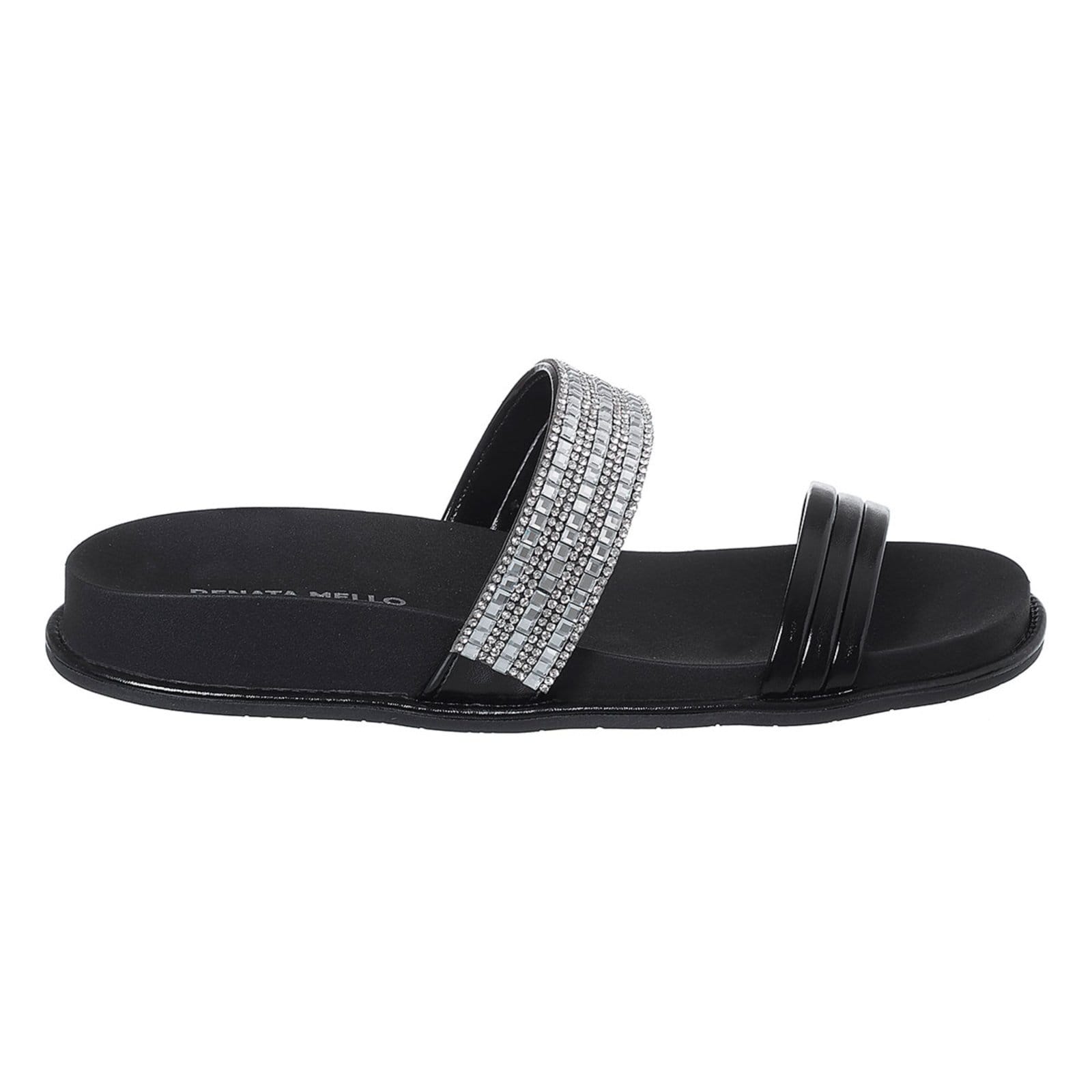 Sandália Feminina Flat Renata Mello Papete com Strass Casual Preta