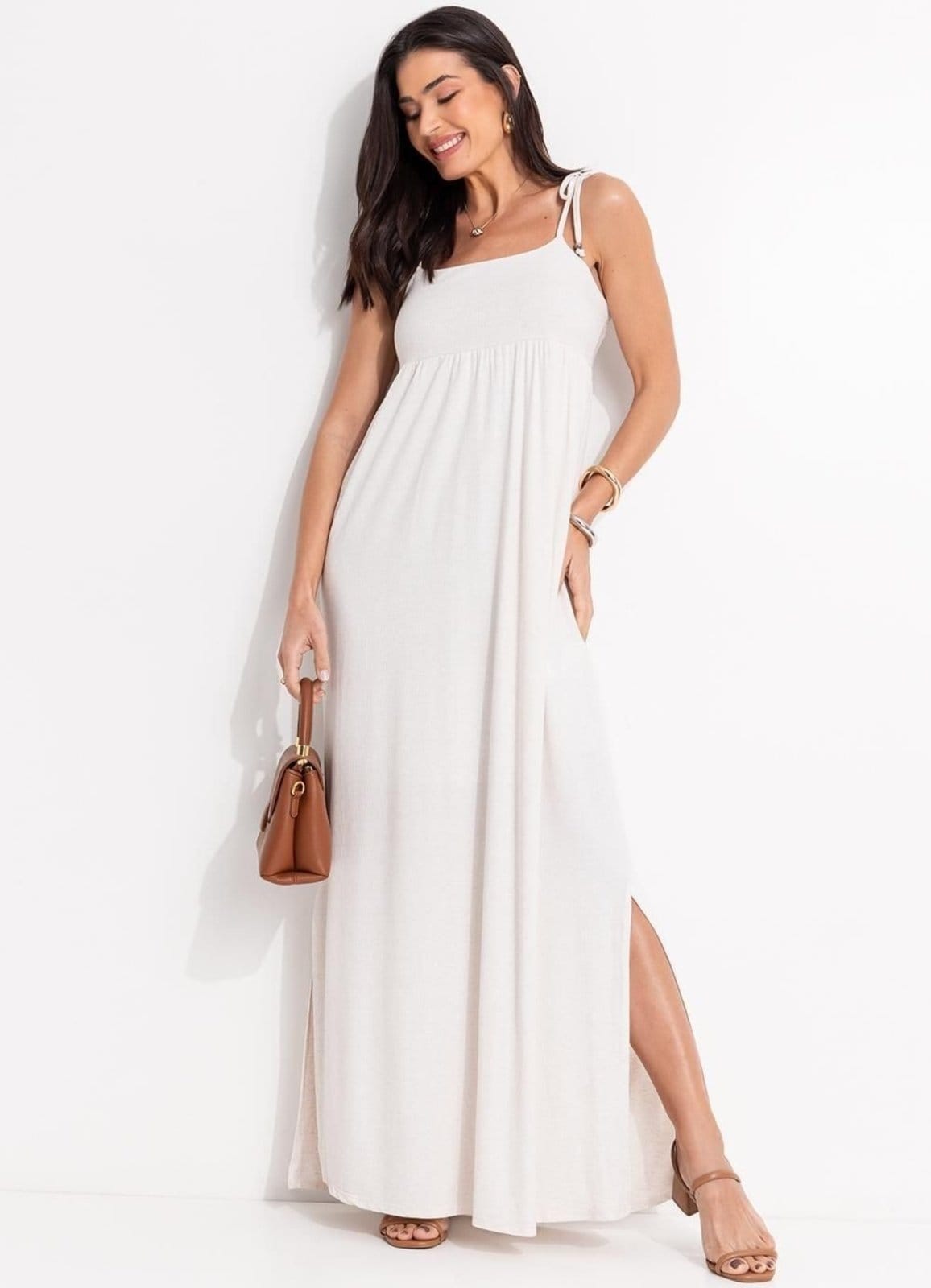 Vista principal Vestido Em Malha Texturizada Natural Quintess bege natural