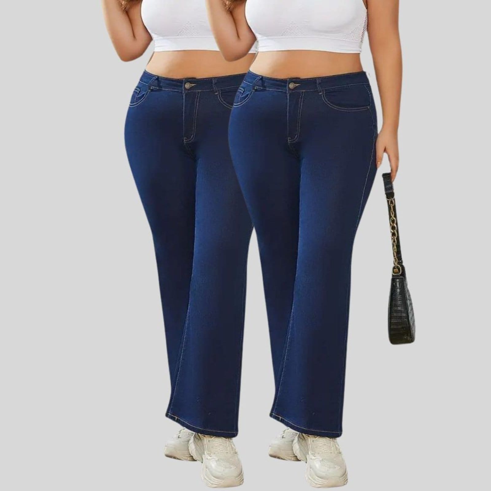 Kit 2 Calça Flare Plus Size Jeans Feminina Tex Jeans Boca de Sino Cintura Alta Modeladora com Elastano Escuro