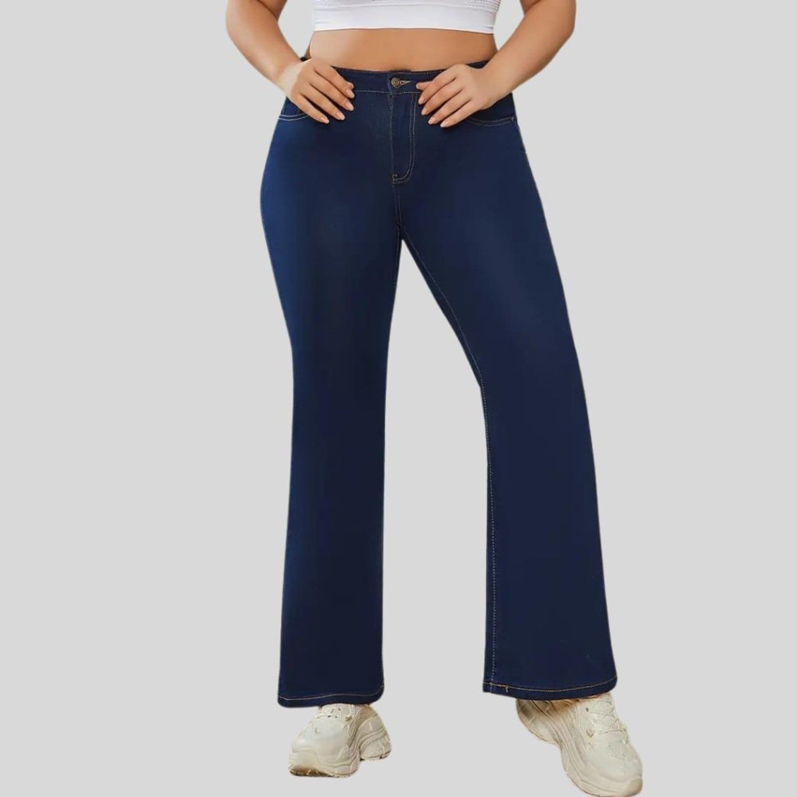 Vista 2 Kit 2 Calça Flare Plus Size Jeans Feminina Tex Jeans Boca de Sino Cintura Alta Modeladora com Elastano Escuro TEX JEANS azul