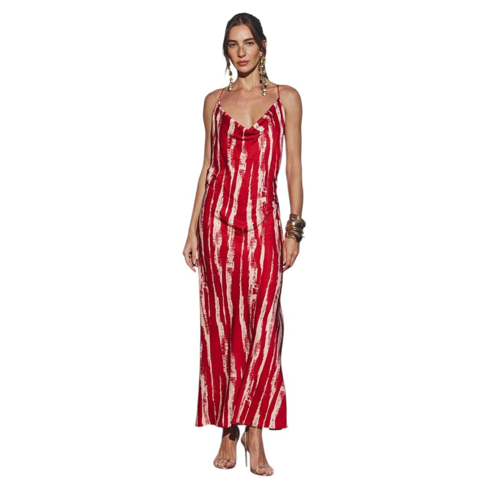 Vista principal Vestido Longo Estampado Decote Degagê Triton Summer Lines Triton vermelho