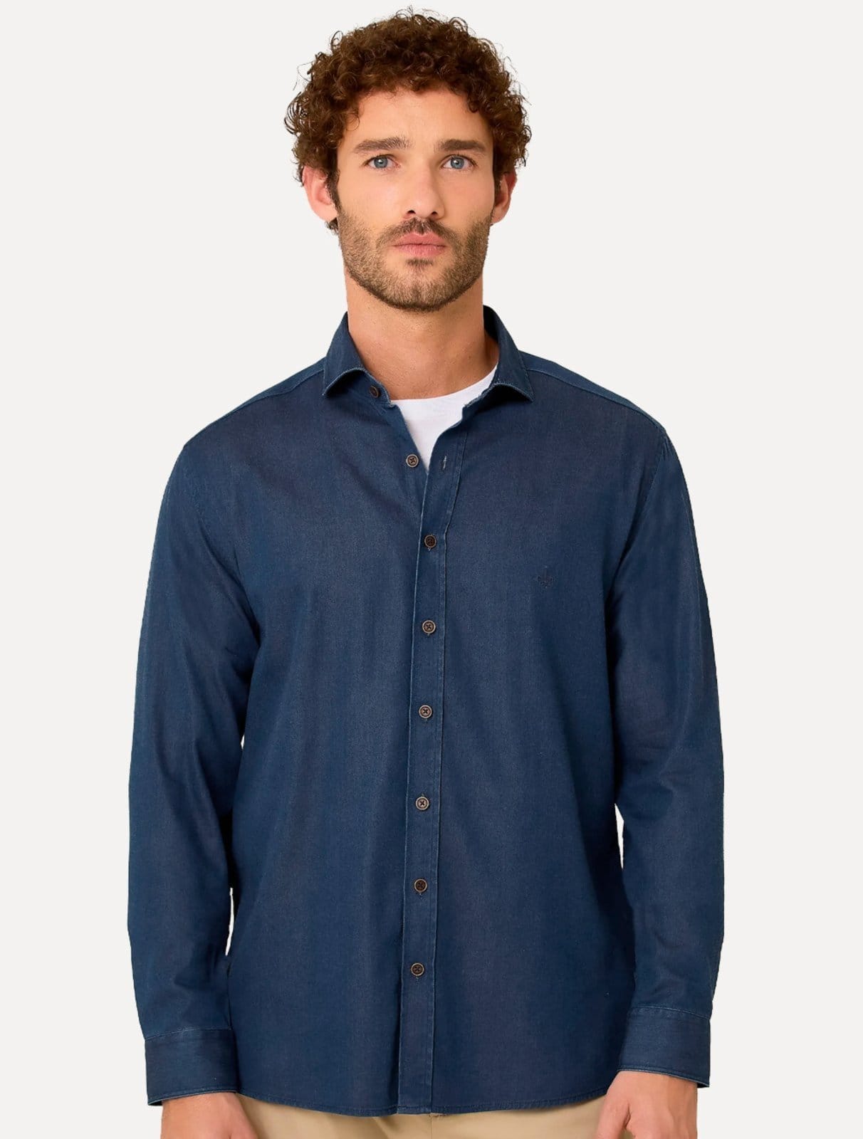 Vista principal Camisa Dudalina Masculina Slim Tricoline Stretch Lisa Azul Jeans Dudalina jeans azul