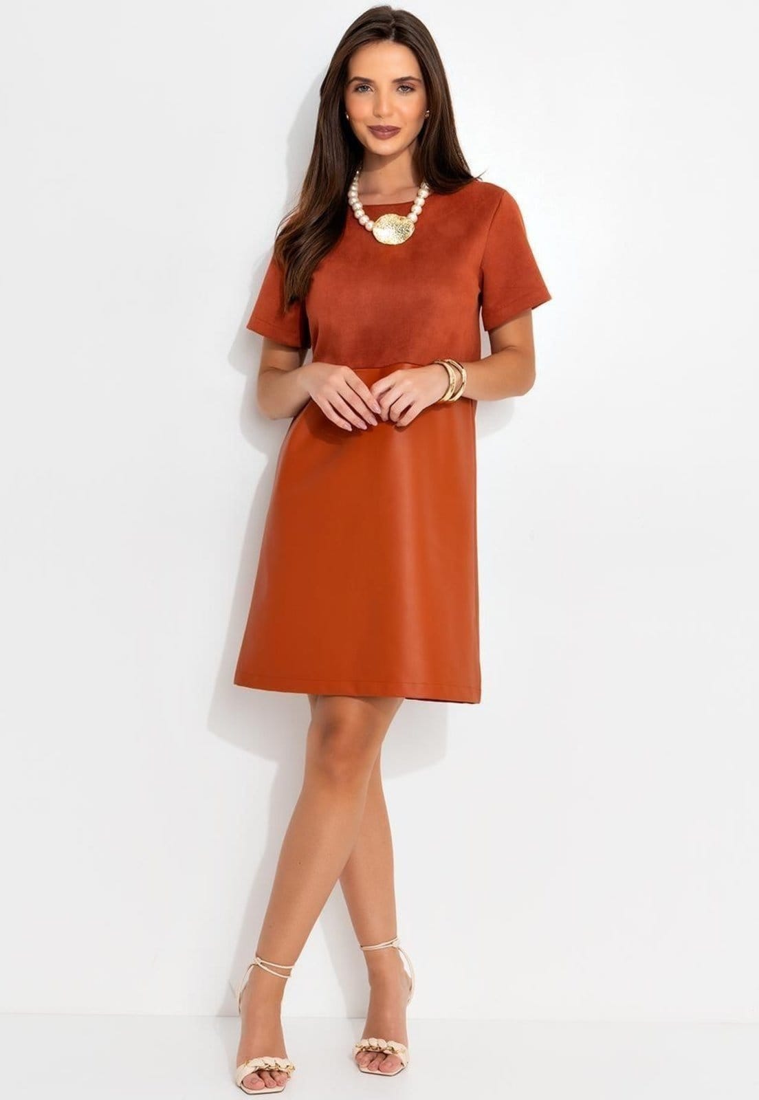 Vista principal Vestido Em Malha Suede Ferrugem Quintess laranja