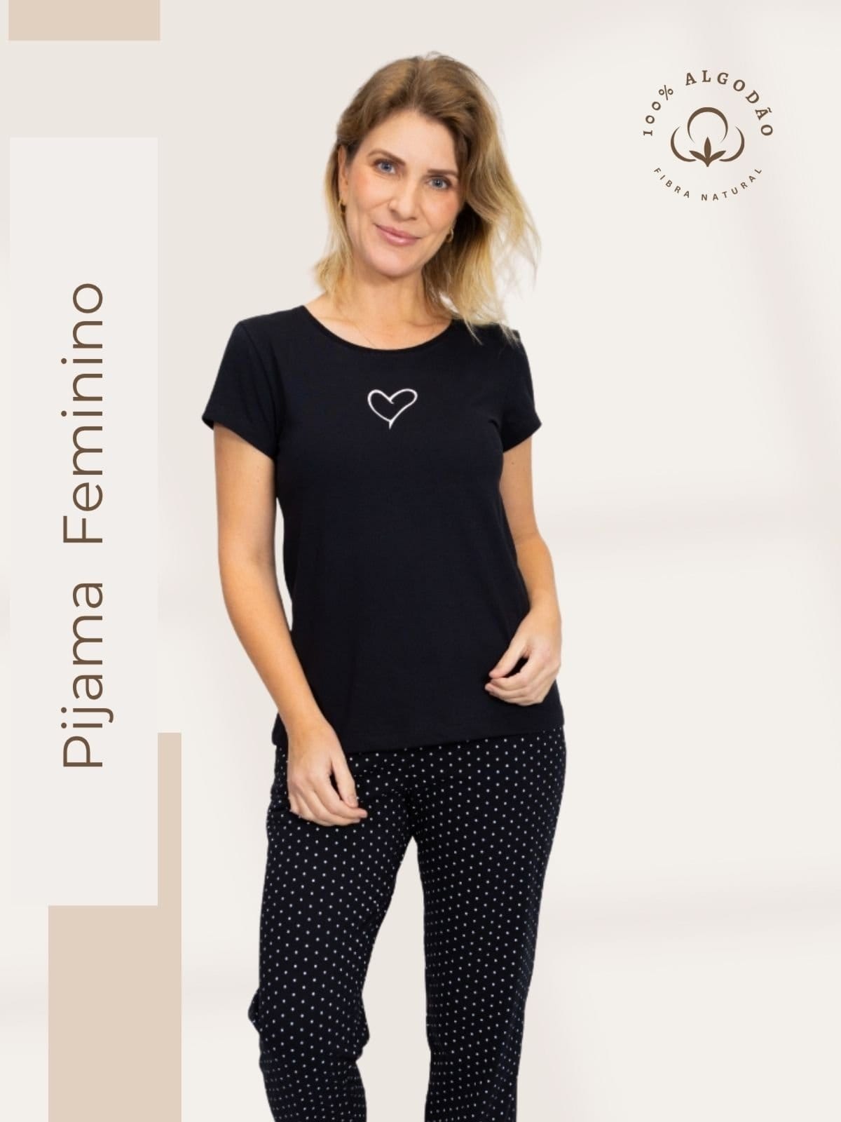 Pijama Algodão Feminino Blusa Manga Curta e Calça Inverno Adulto Coração