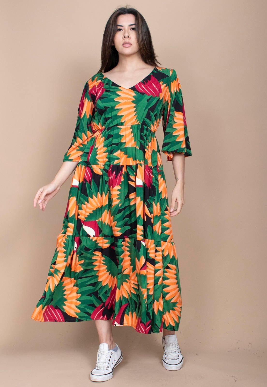 Vista 2 Vestido Longo Cabanafree Plano com Manga e Camadas Estampa Festa dos Tucanos Cabanafree estampado/laranja/preto/vermelho