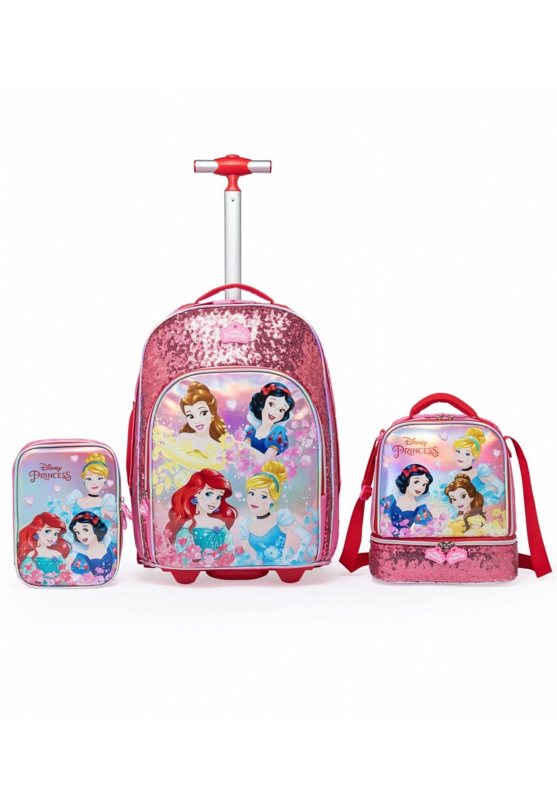 Vista 2 Infantil - Kit Mochila Lancheira Estojo Garrafa Princesas Disney rosa